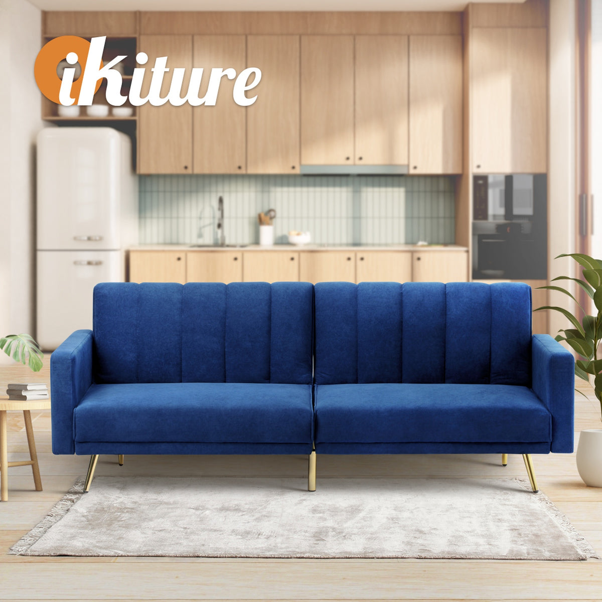 Oikiture Sofa Bed 3-Seater Recliner Convertible Lounge Couch Sofabed Velvet Blue - Sunyee