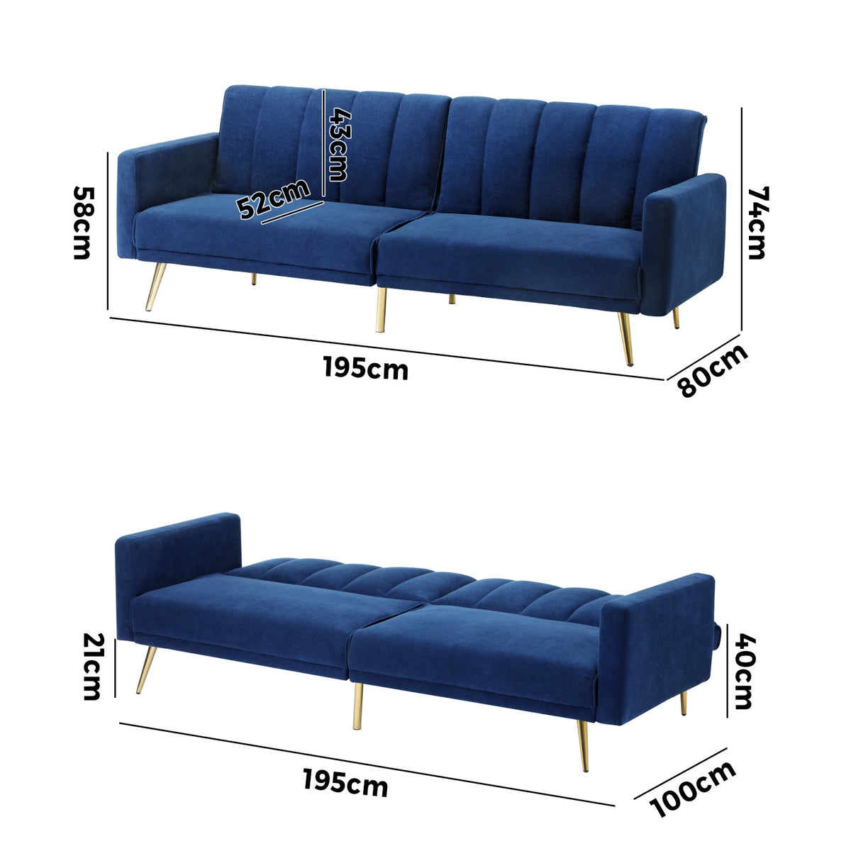 Oikiture Sofa Bed 3-Seater Recliner Convertible Lounge Couch Sofabed Velvet Blue - Sunyee