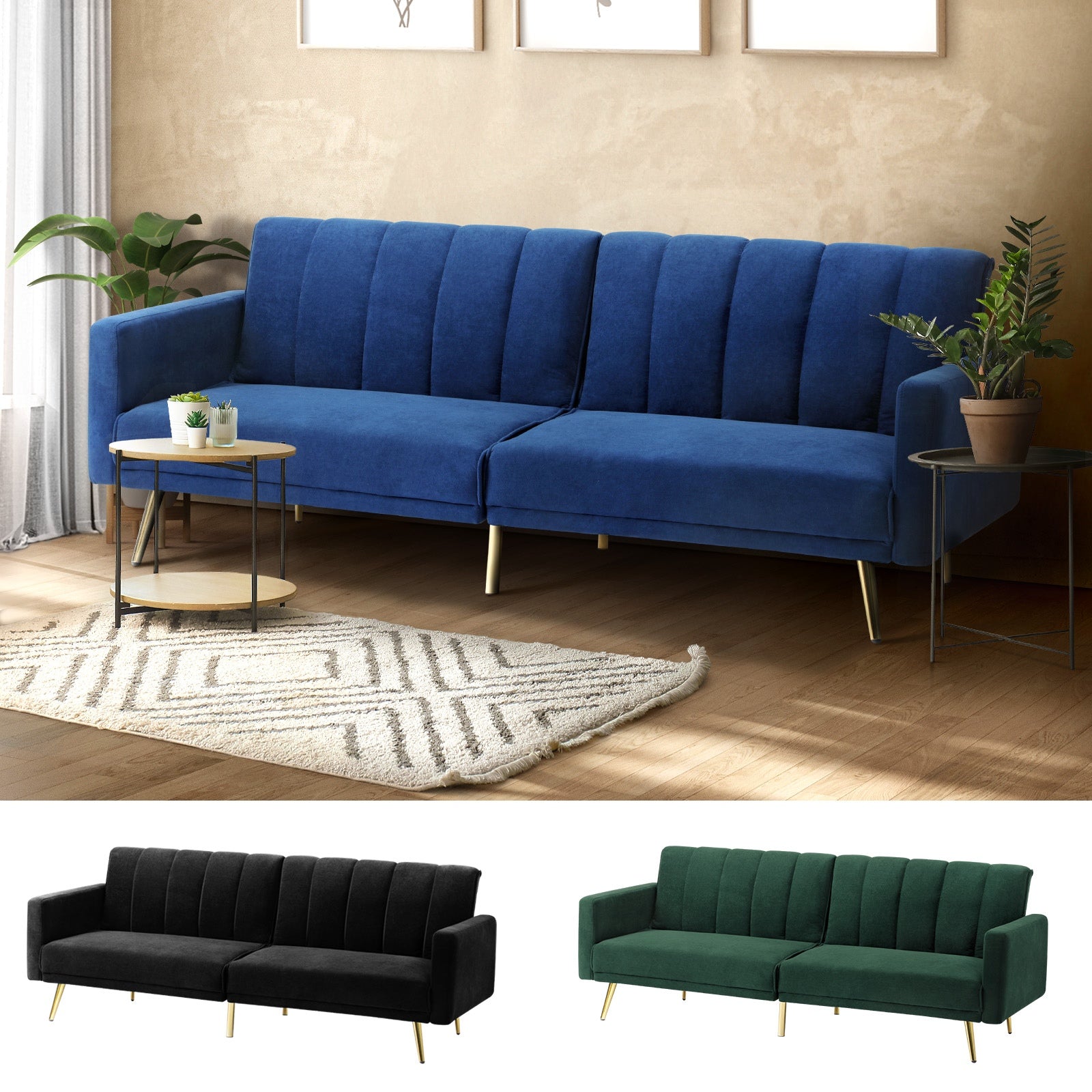 Oikiture Sofa Bed Convertible Lounge 3-Seater Adjustable Recliner Couch Velvet - Sunyee