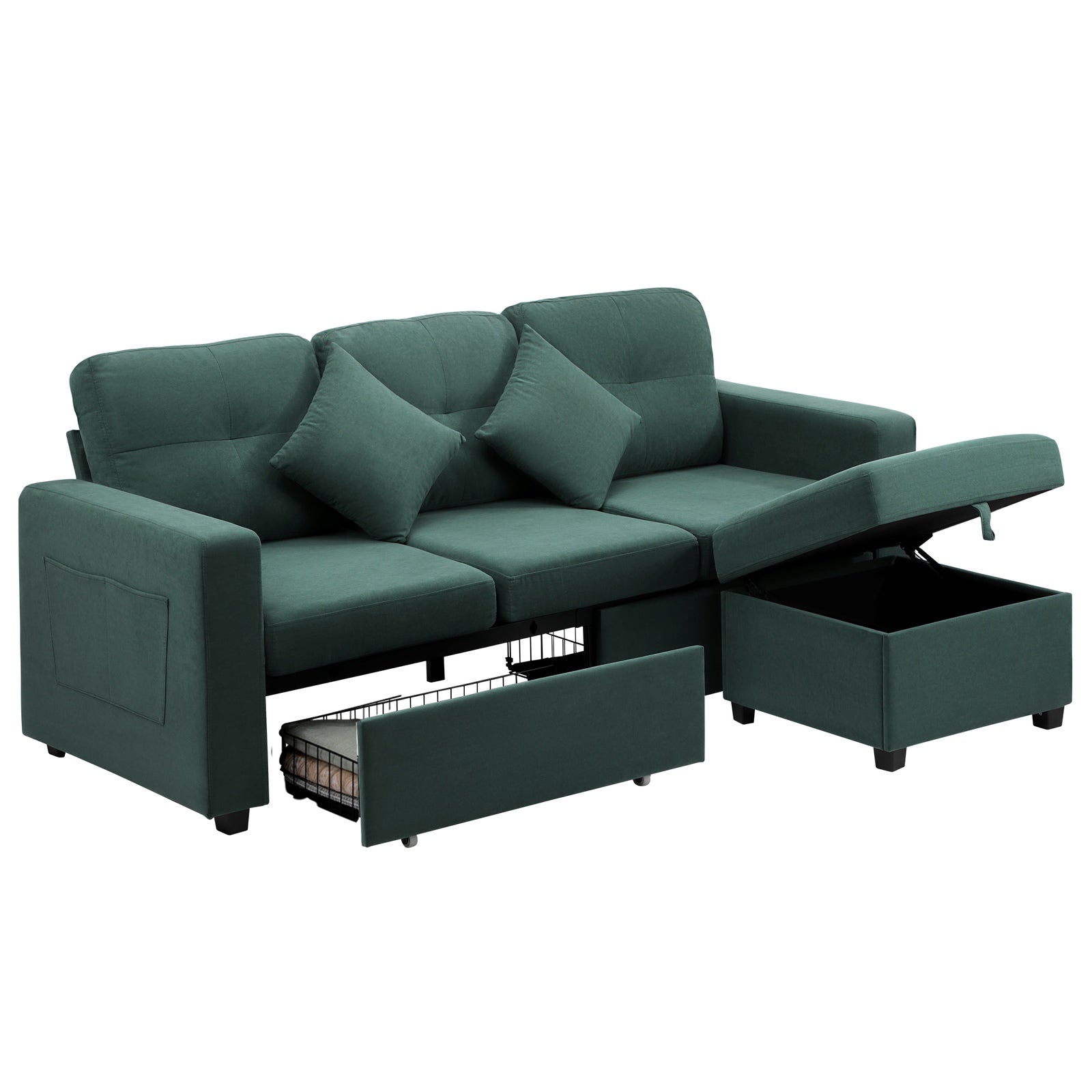 Oikiture 3 Seater Sofa Lounge Set Modular Couch Drawers&Ottoman Velvet Green - Sunyee