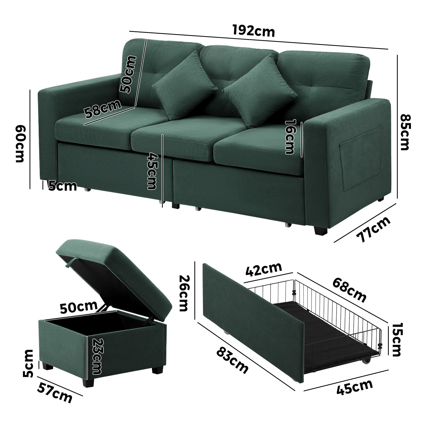 Oikiture 3 Seater Sofa Lounge Set Modular Couch Drawers&Ottoman Velvet Green - Sunyee