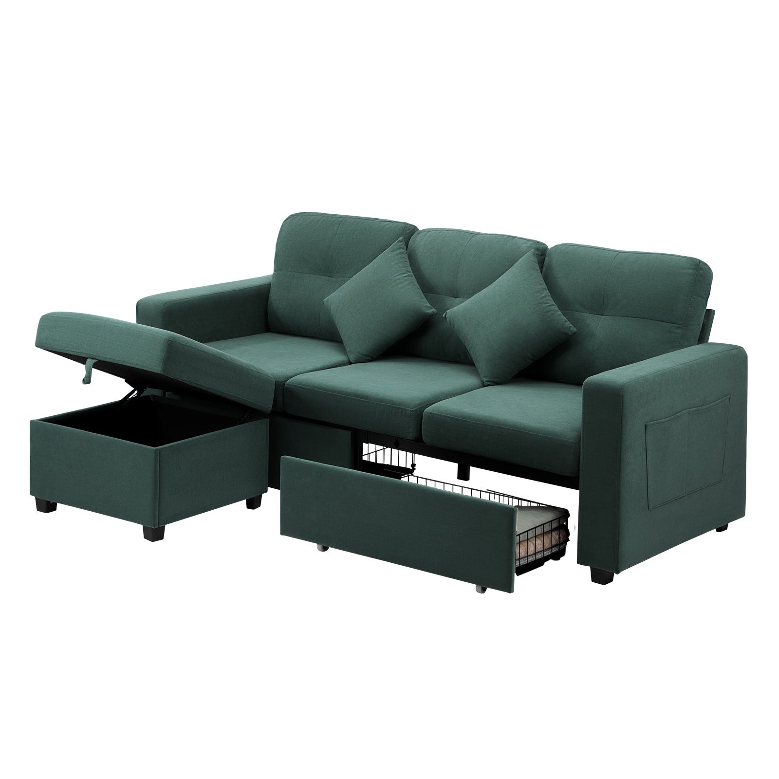 Oikiture 3 Seater Sofa Lounge Set Modular Couch Drawers&Ottoman Velvet Green - Sunyee