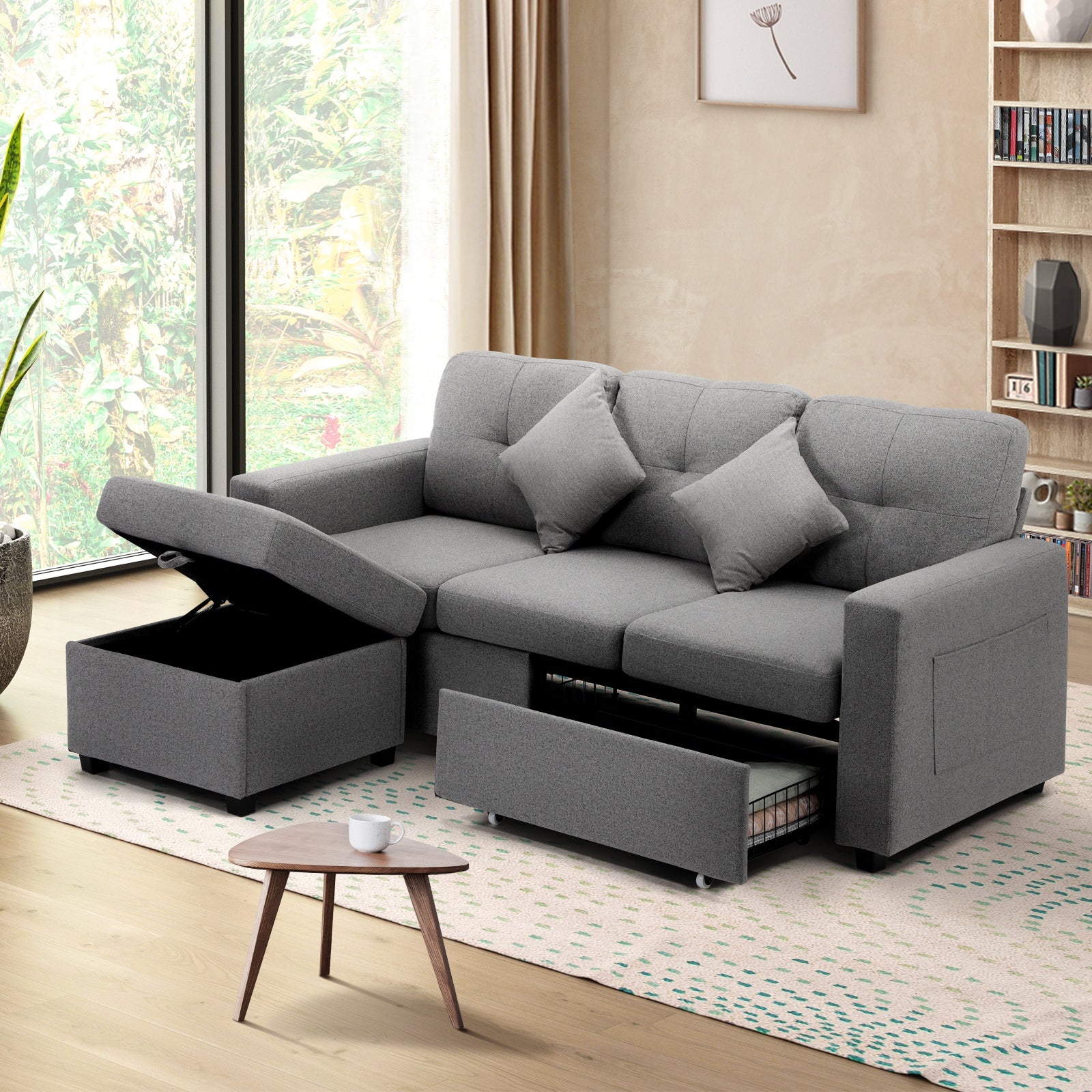 Oikiture Sofa Lounge Set 3 Seater Chaise Modular Couch Drawers Ottoman Fabric - Sunyee