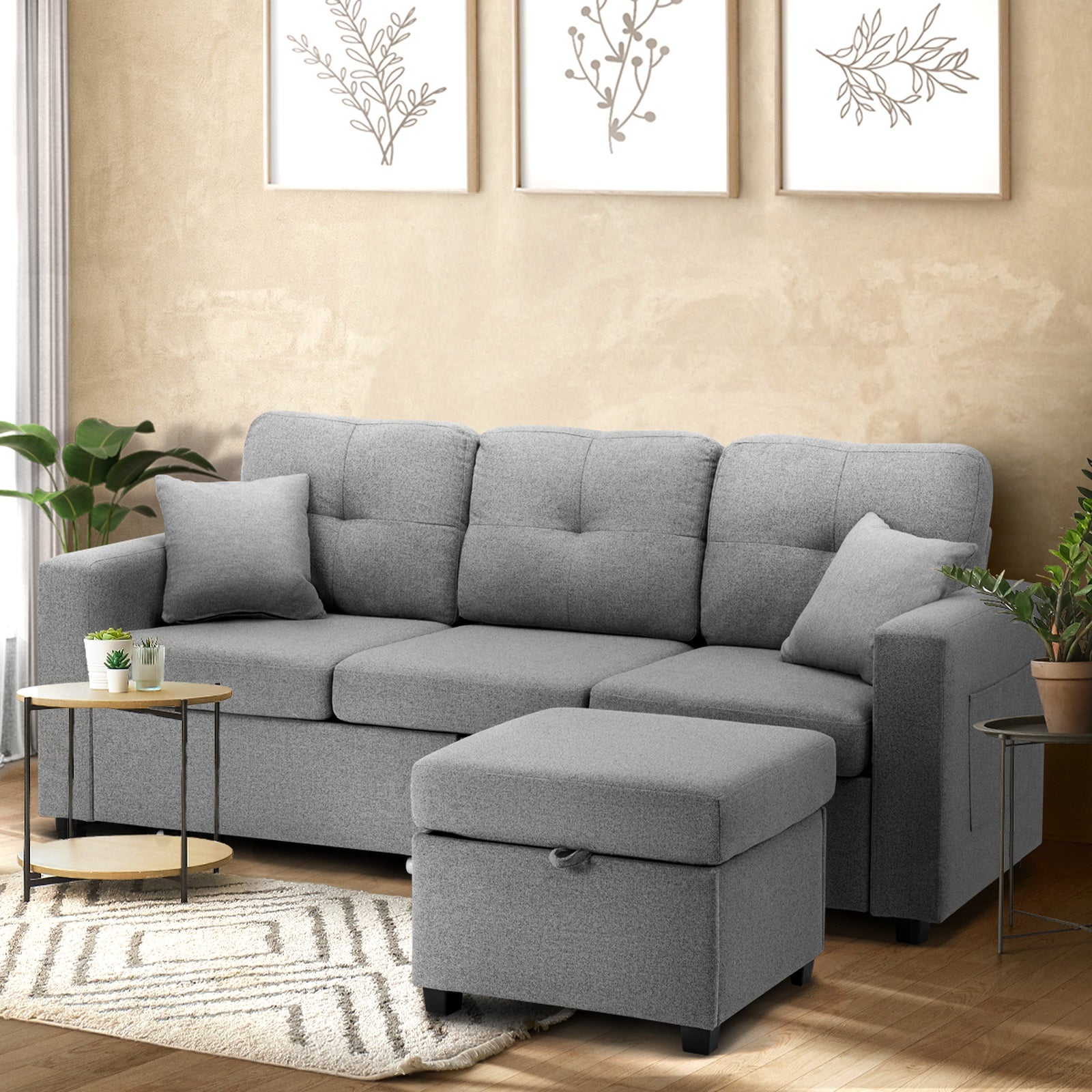 Oikiture Sofa Lounge Set 3 Seater Chaise Modular Couch Drawers Ottoman Fabric - Sunyee
