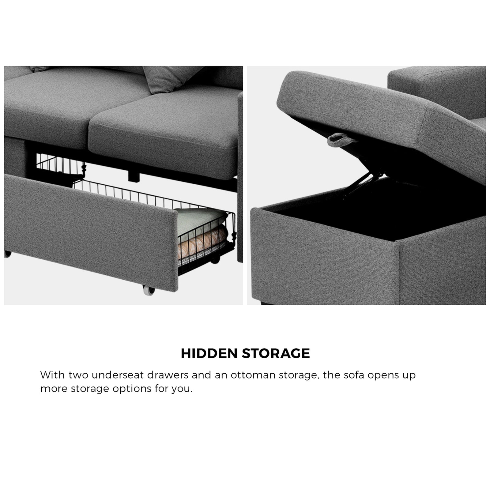 Oikiture Sofa Lounge Set 3 Seater Chaise Modular Couch Drawers Ottoman Fabric - Sunyee