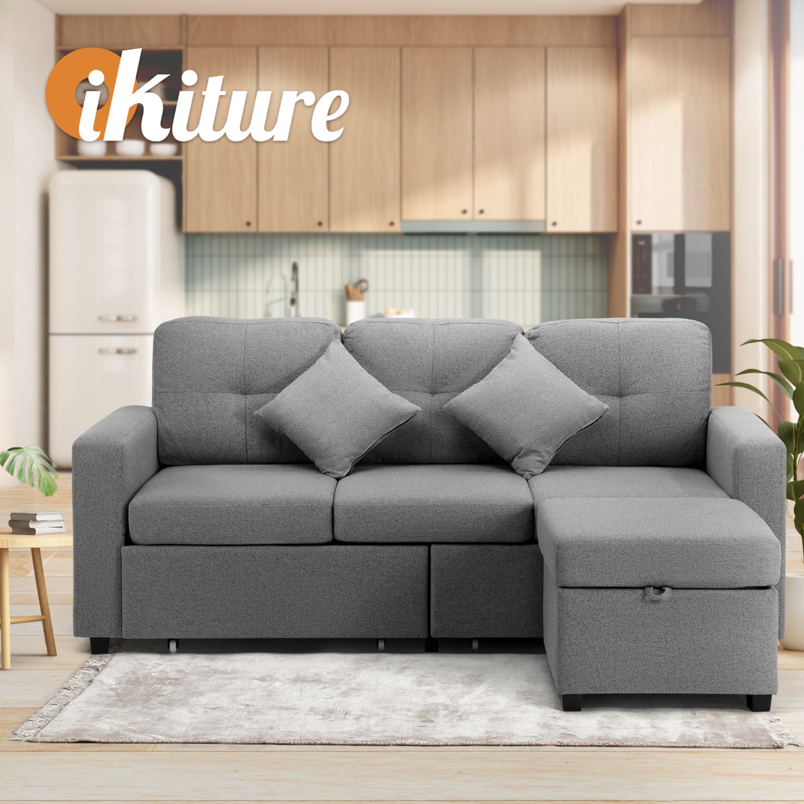Oikiture Sofa Lounge Set 3 Seater Chaise Modular Couch Drawers Ottoman Fabric - Sunyee