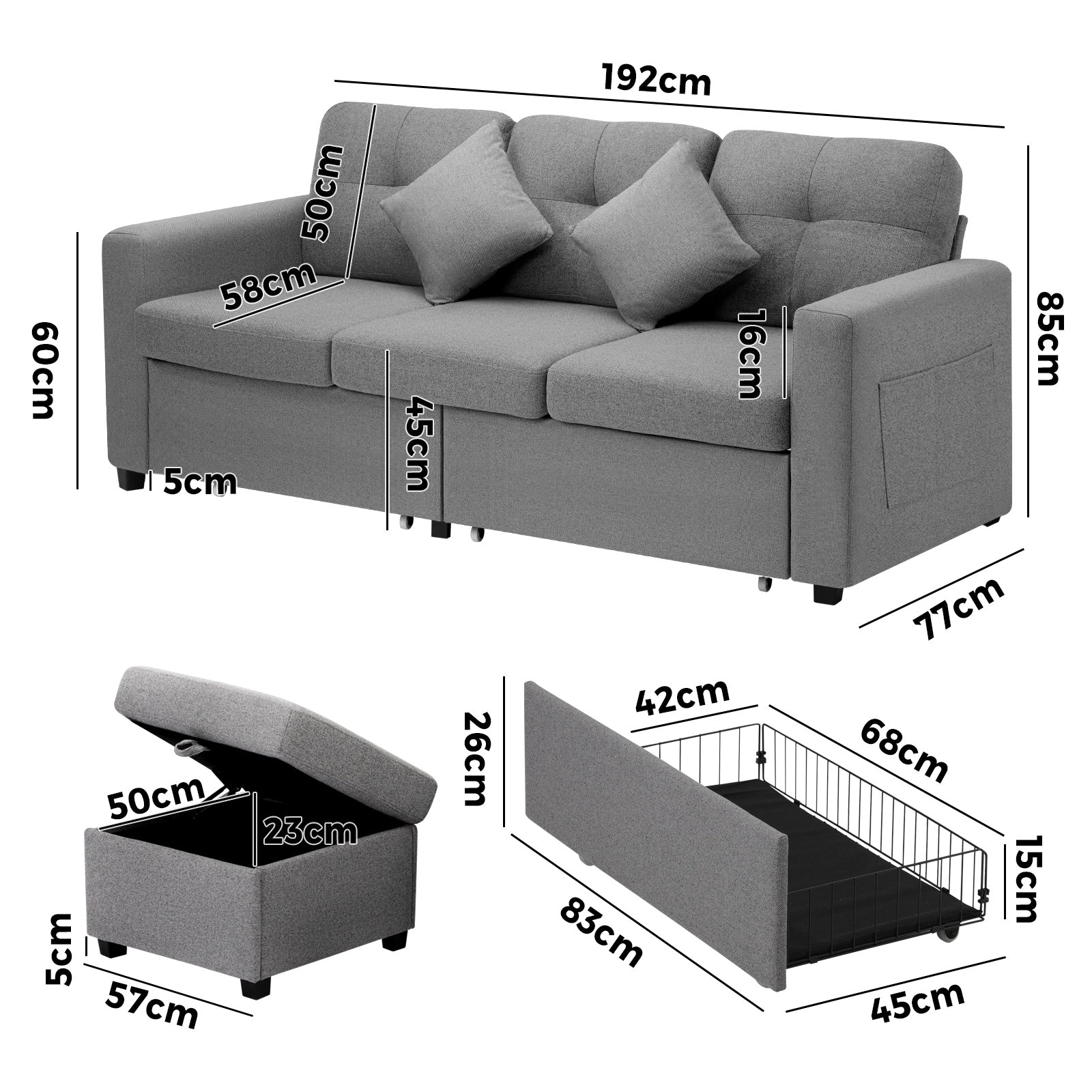 Oikiture Sofa Lounge Set 3 Seater Chaise Modular Couch Drawers Ottoman Fabric - Sunyee