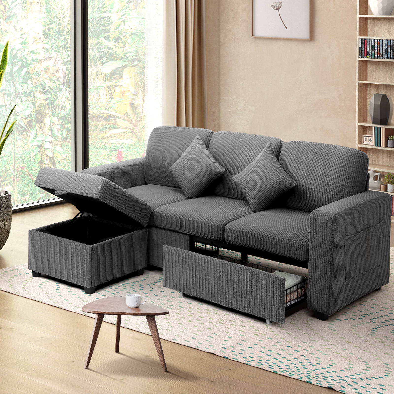 Oikiture Sofa Lounge Set Modular Couch 3 Seater Drawers Ottoman Storage Velvet - Sunyee