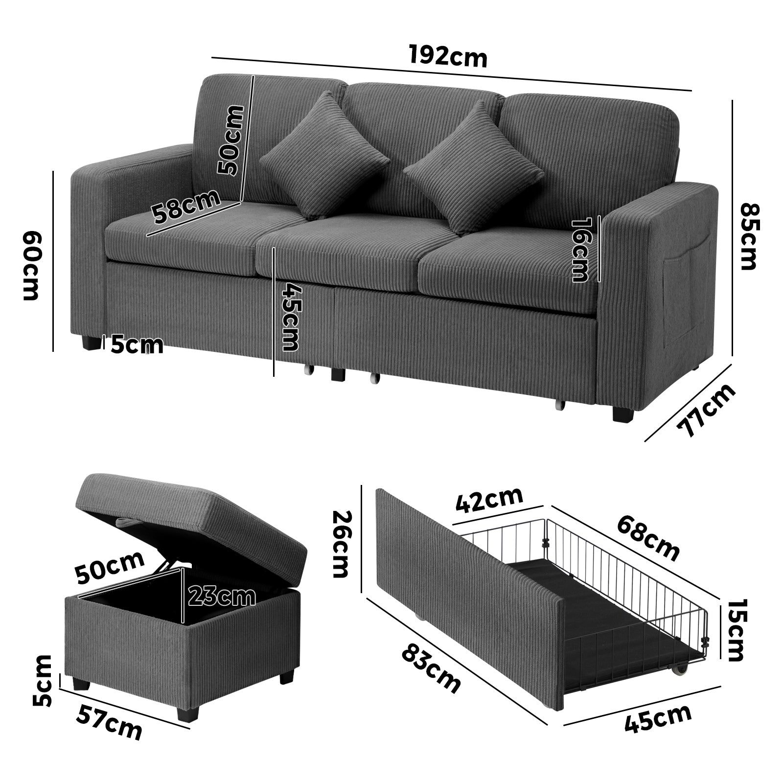 Oikiture Sofa Lounge Set Modular Couch 3 Seater Drawers Ottoman Storage Velvet - Sunyee