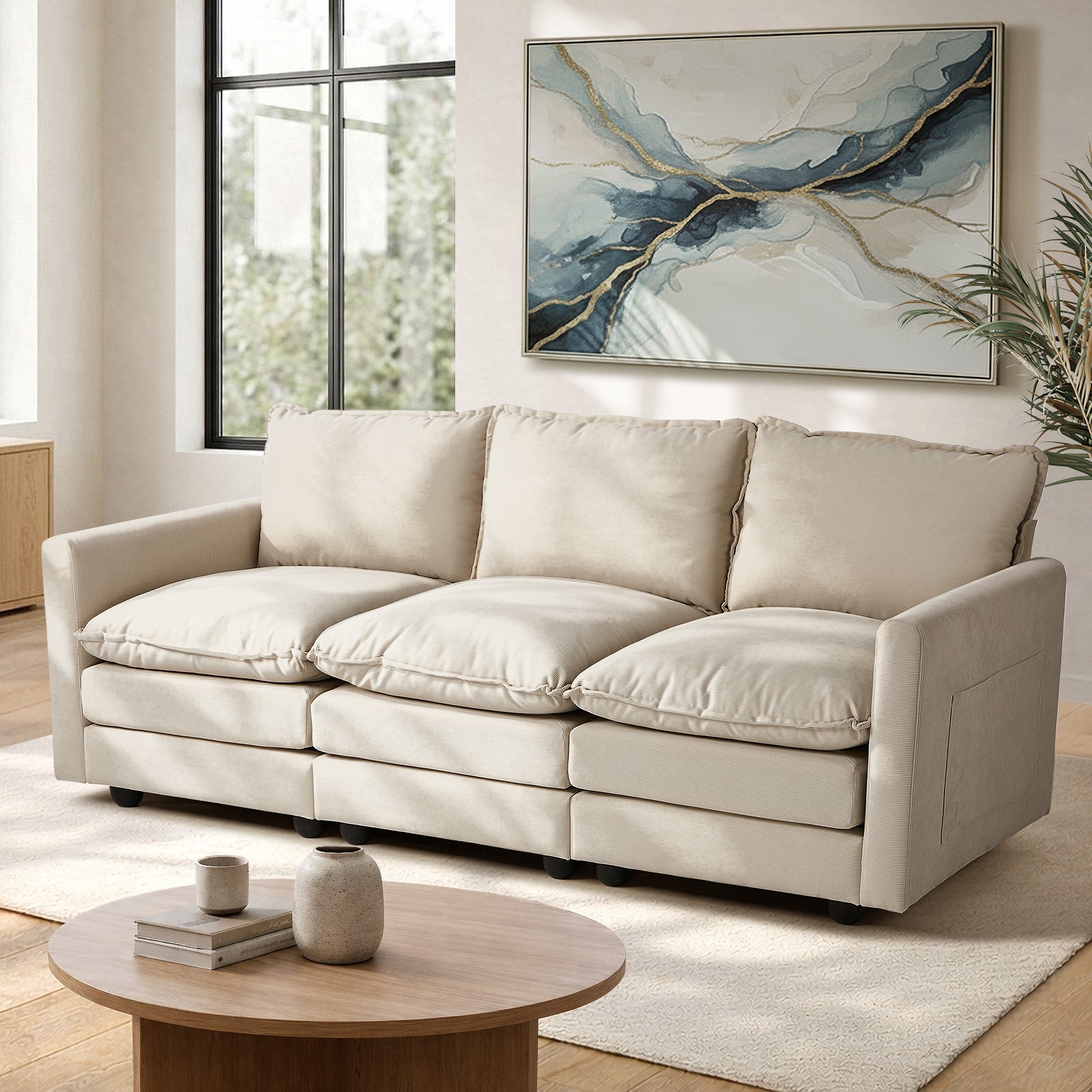 Oikiture 3 Seater Sofa Couch Lounge Extra Thick Cushion Futon Corduroy Beige - Sunyee