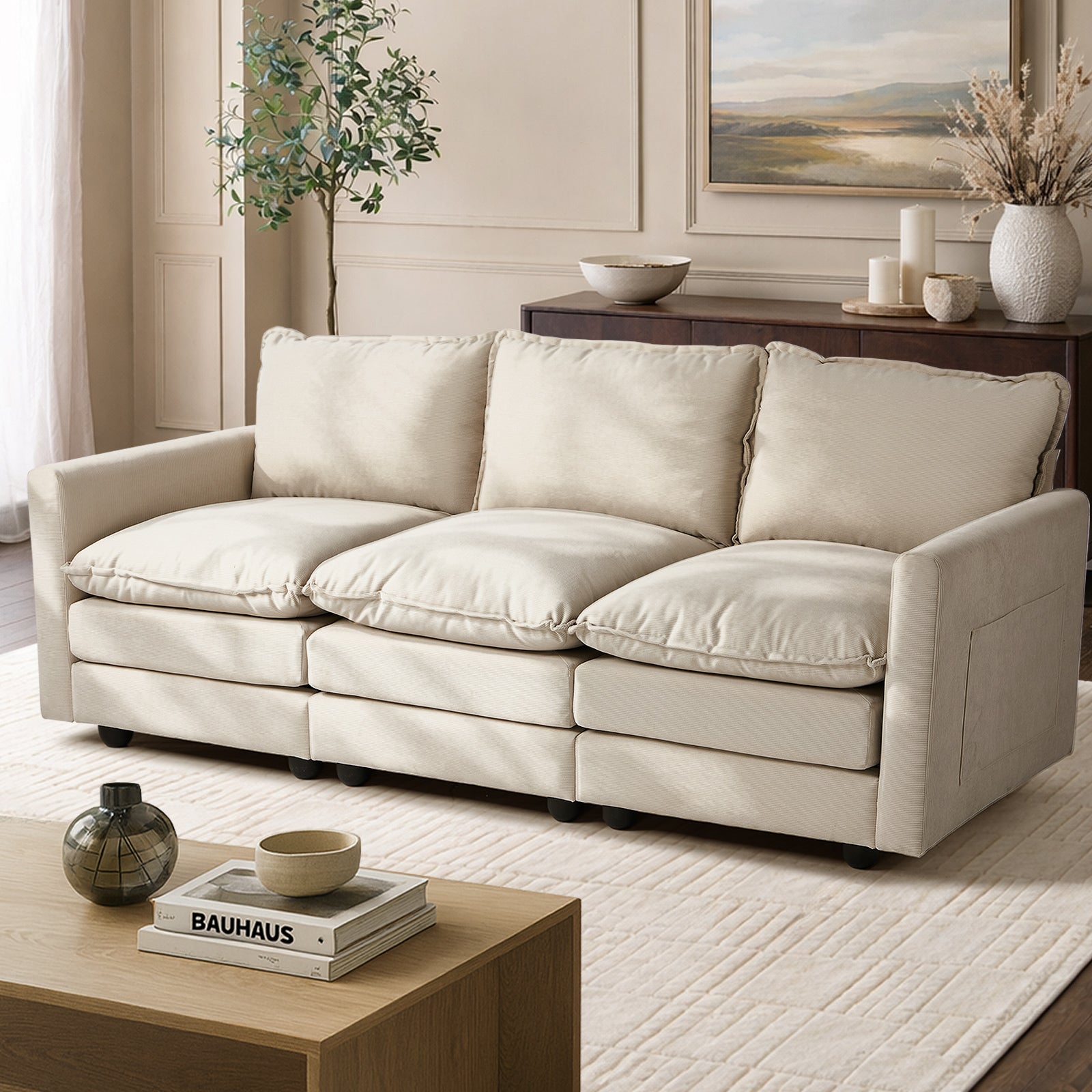 Oikiture 3 Seater Sofa Couch Lounge Extra Thick Cushion Futon Corduroy Beige - Sunyee