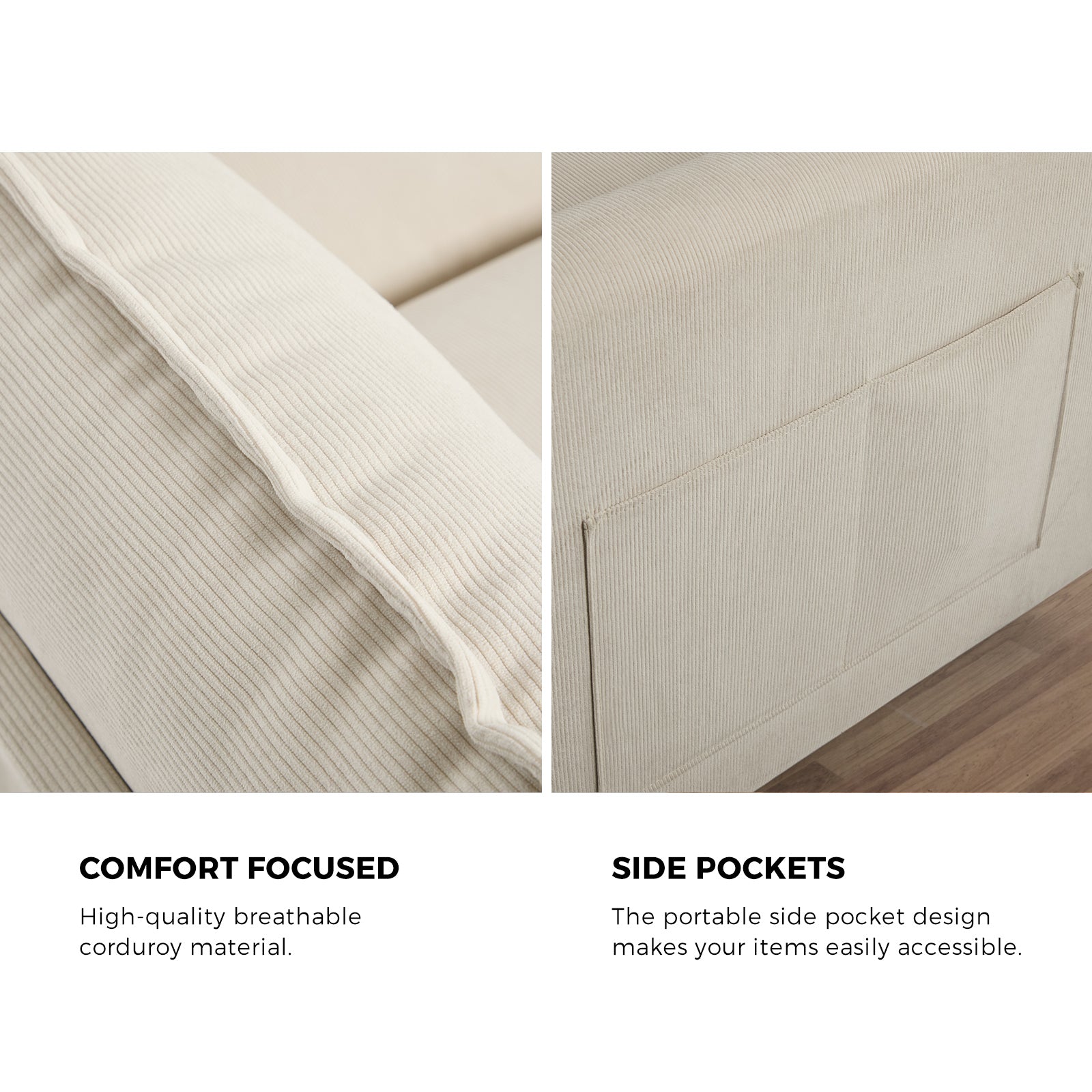 Oikiture 3 Seater Sofa Couch Lounge Extra Thick Cushion Futon Corduroy Beige - Sunyee