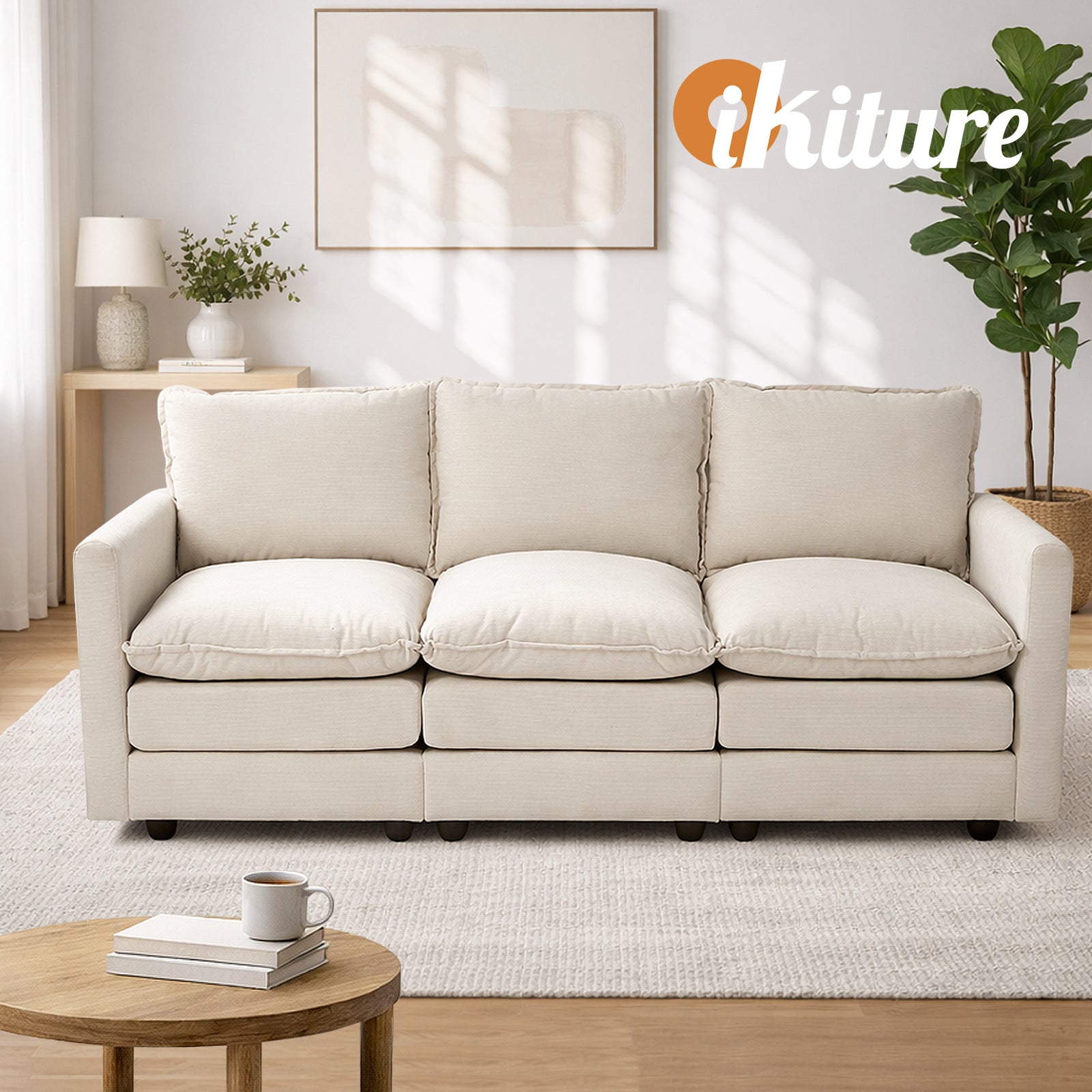 Oikiture 3 Seater Sofa Couch Lounge Extra Thick Cushion Futon Corduroy Beige - Sunyee