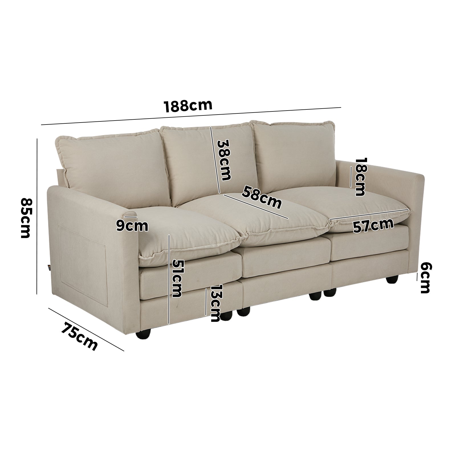 Oikiture 3 Seater Sofa Couch Lounge Extra Thick Cushion Futon Corduroy Beige - Sunyee