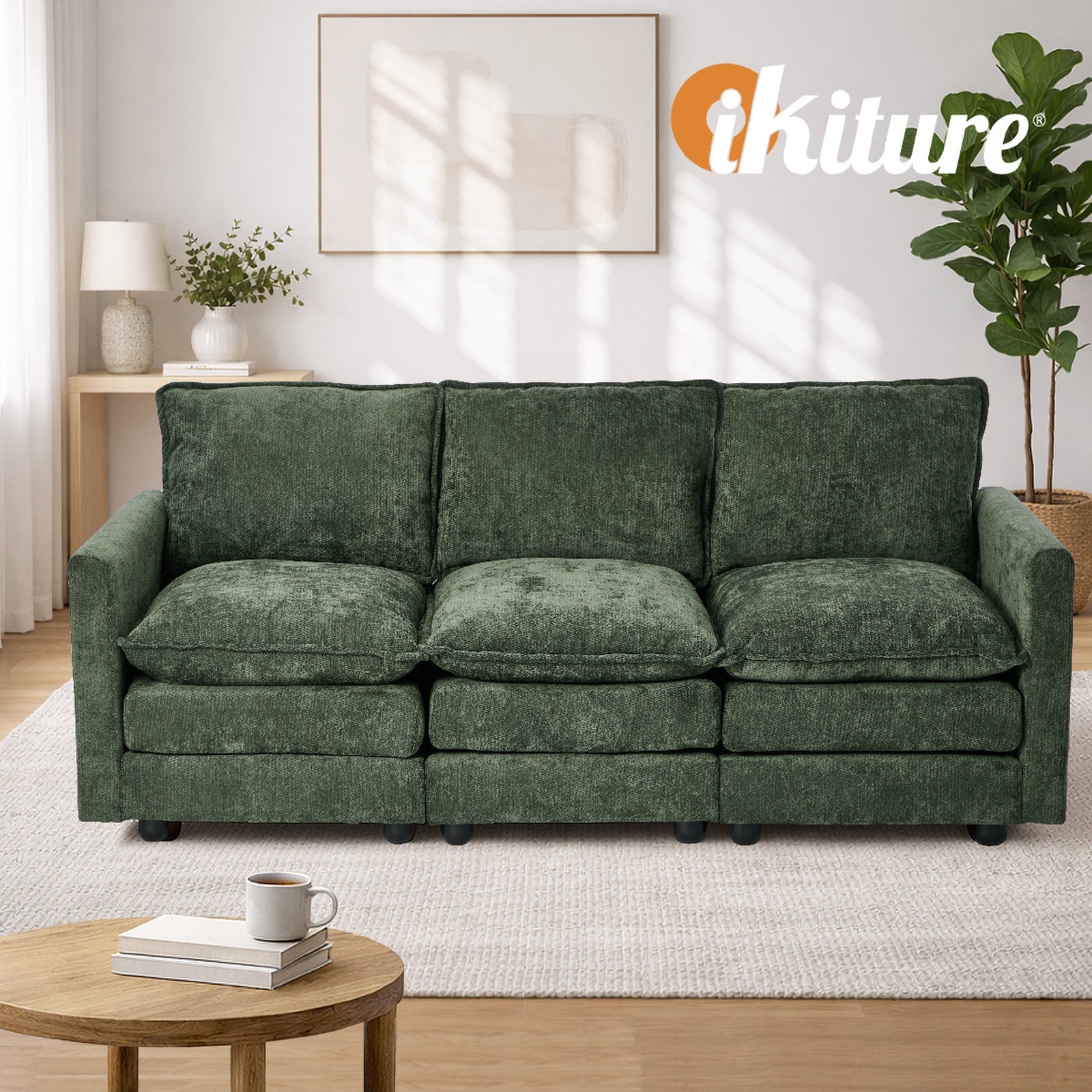 Oikiture Modular 3 Seater Sofa Comfy Deep Cushion Lounge Couch Chenille Green
