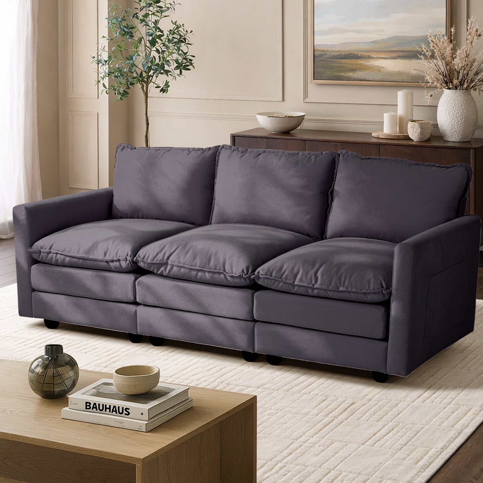 Oikiture 3 Seater Sofa Couch Lounge Extra Thick Cushion Futon Corduroy Grey - Sunyee