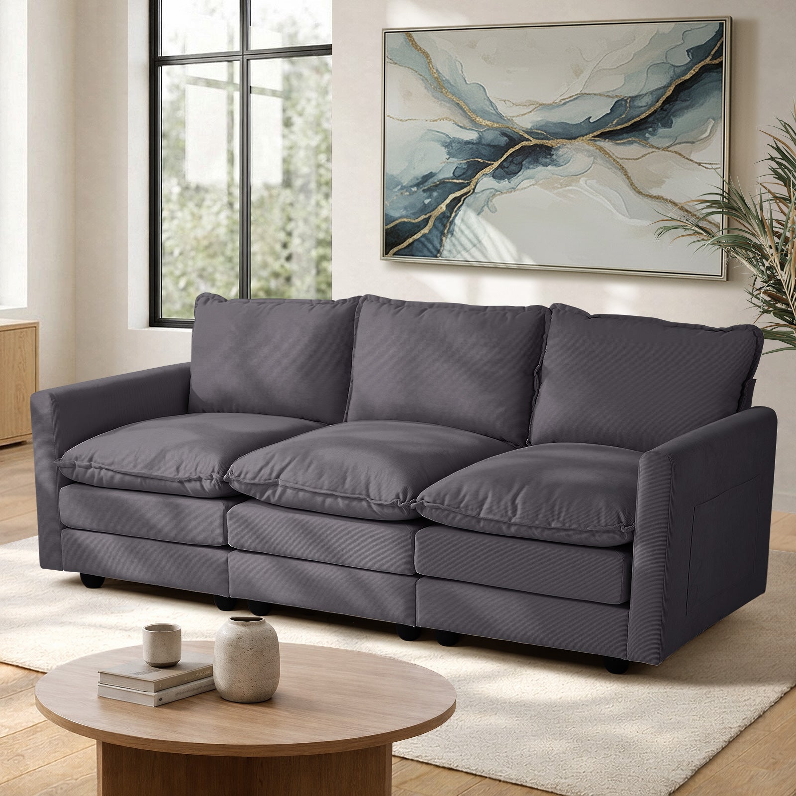 Oikiture 3 Seater Sofa Couch Lounge Extra Thick Cushion Futon Corduroy Grey - Sunyee