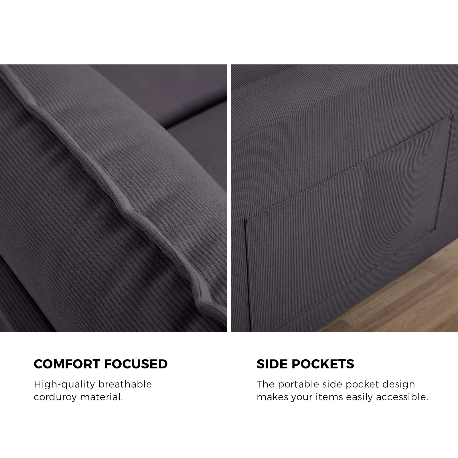 Oikiture 3 Seater Sofa Couch Lounge Extra Thick Cushion Futon Corduroy Grey - Sunyee