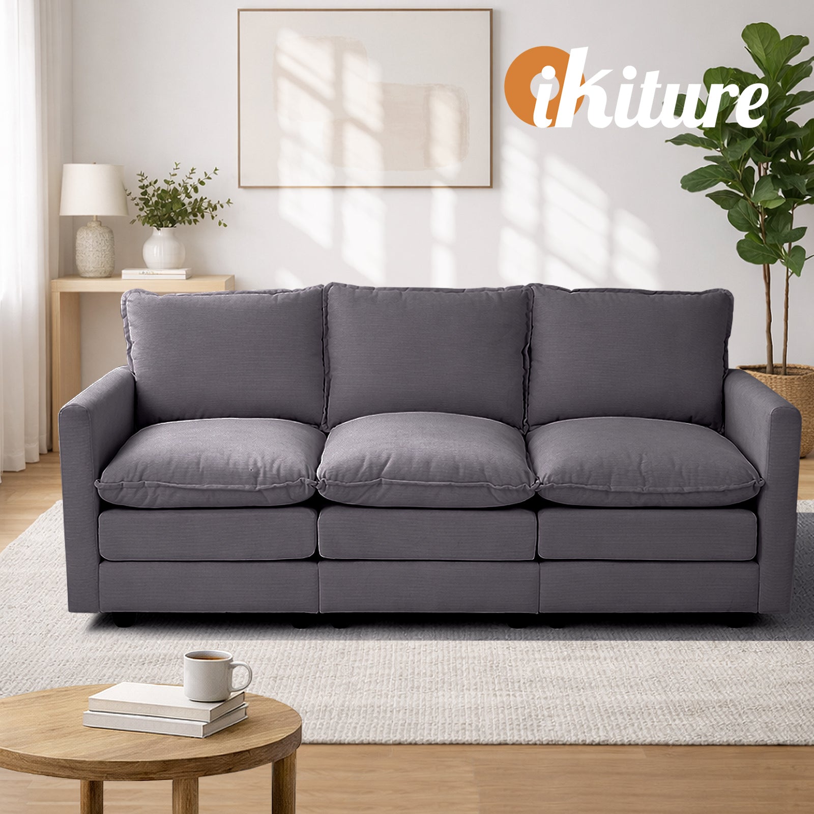 Oikiture 3 Seater Sofa Couch Lounge Extra Thick Cushion Futon Corduroy Grey - Sunyee