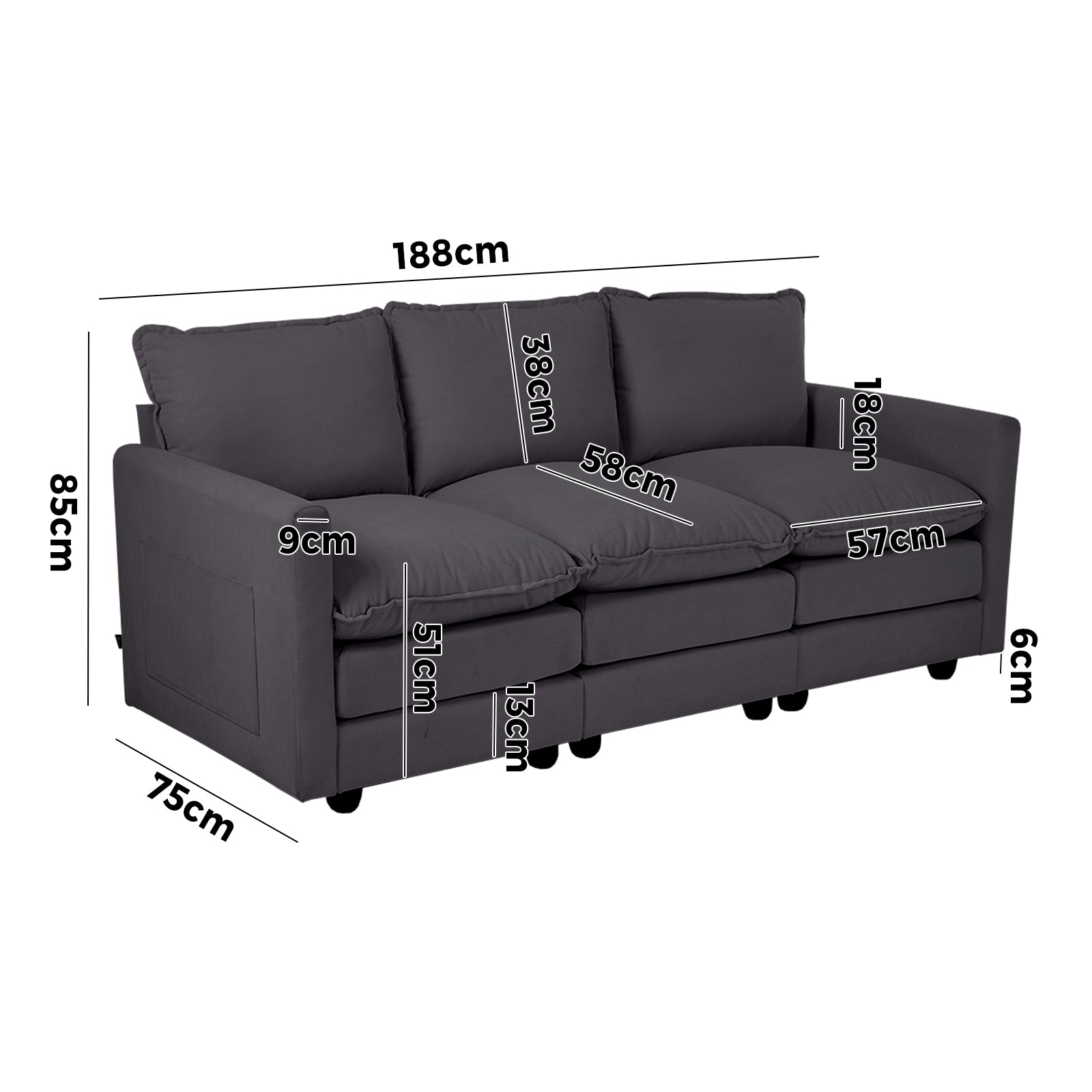 Oikiture 3 Seater Sofa Couch Lounge Extra Thick Cushion Futon Corduroy Grey - Sunyee