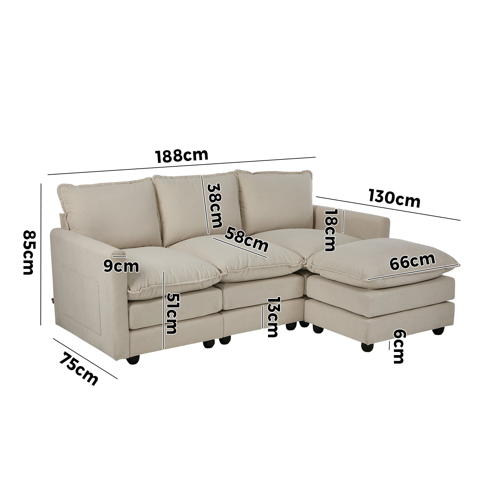Oikiture Sofa Set Modular Couch with Ottoman Lounge Extra Thick Cushion Corduroy - Sunyee