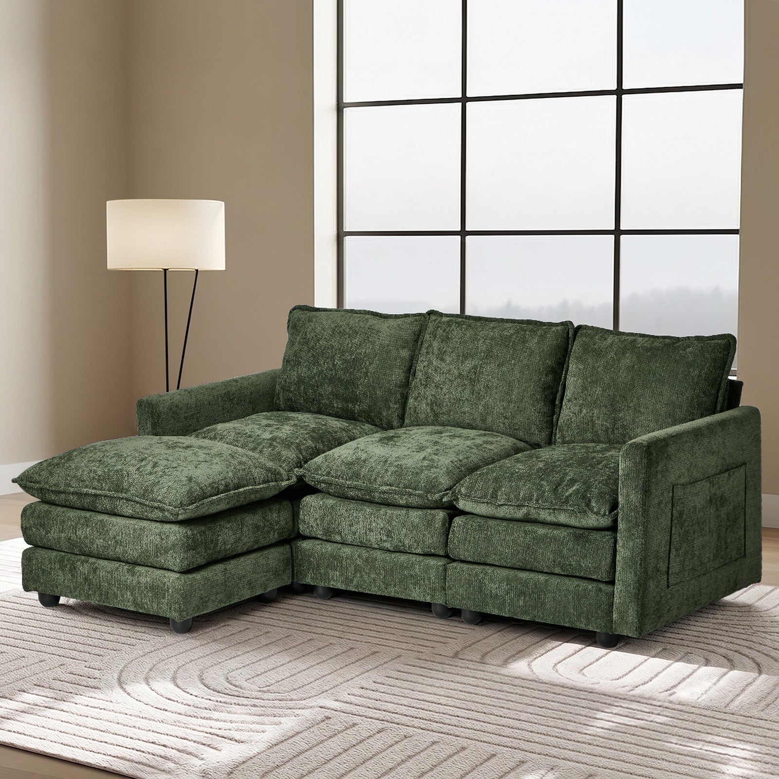 Oikiture Modular Sectional Sofa L-Shaped 3 Seater Couch Ottoman Chenille Green