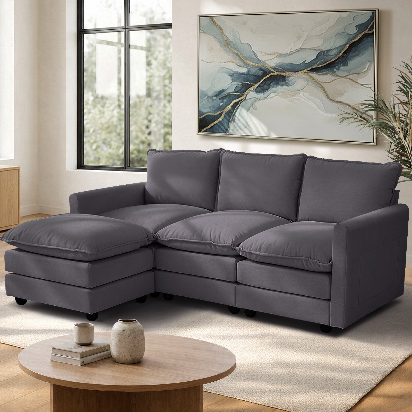 Oikiture Sofa Set Modular Couch Ottoman Lounge Extra Thick Cushion Grey - Sunyee