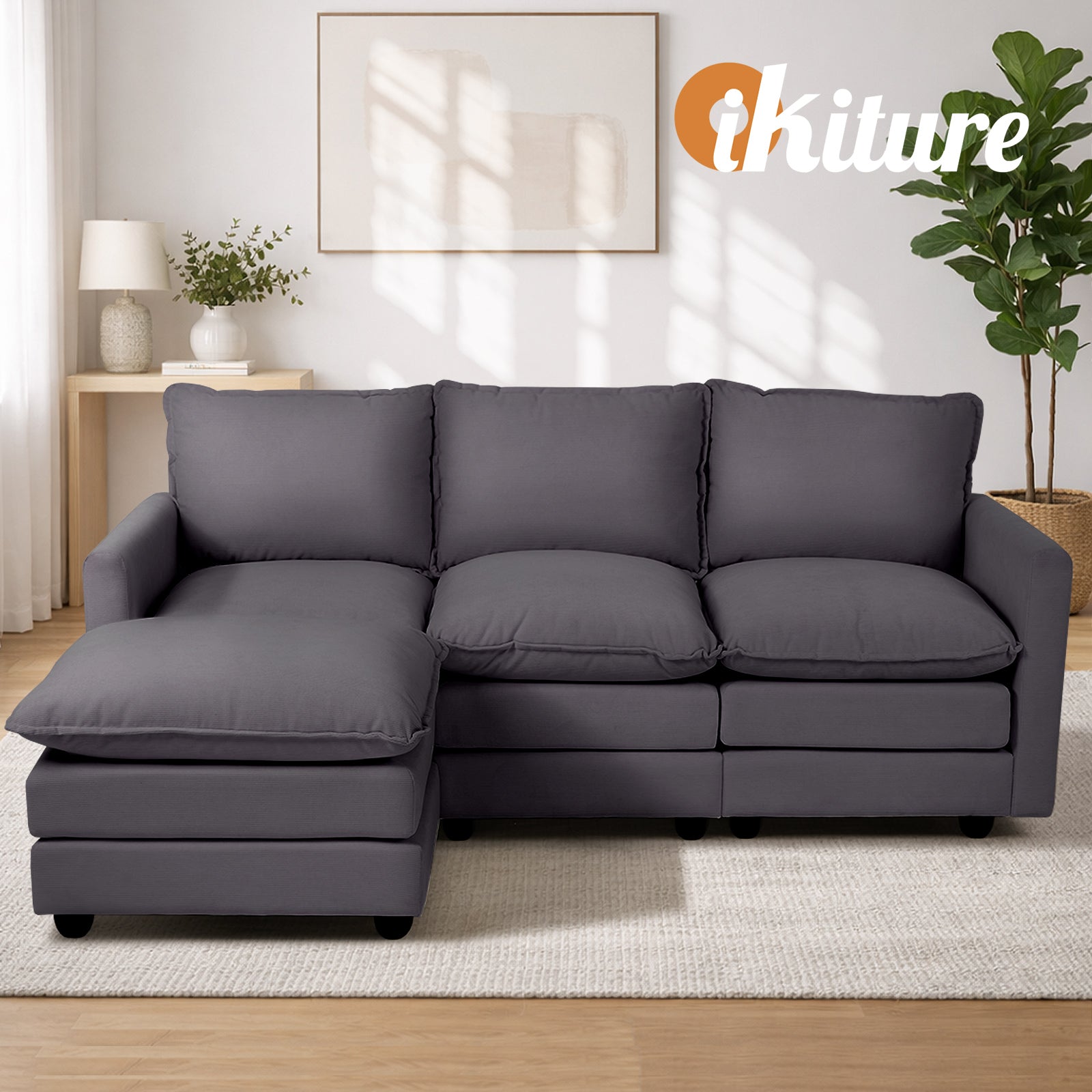 Oikiture Sofa Set Modular Couch Ottoman Lounge Extra Thick Cushion Grey - Sunyee