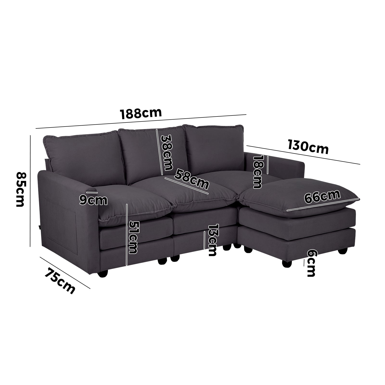 Oikiture Sofa Set Modular Couch Ottoman Lounge Extra Thick Cushion Grey - Sunyee