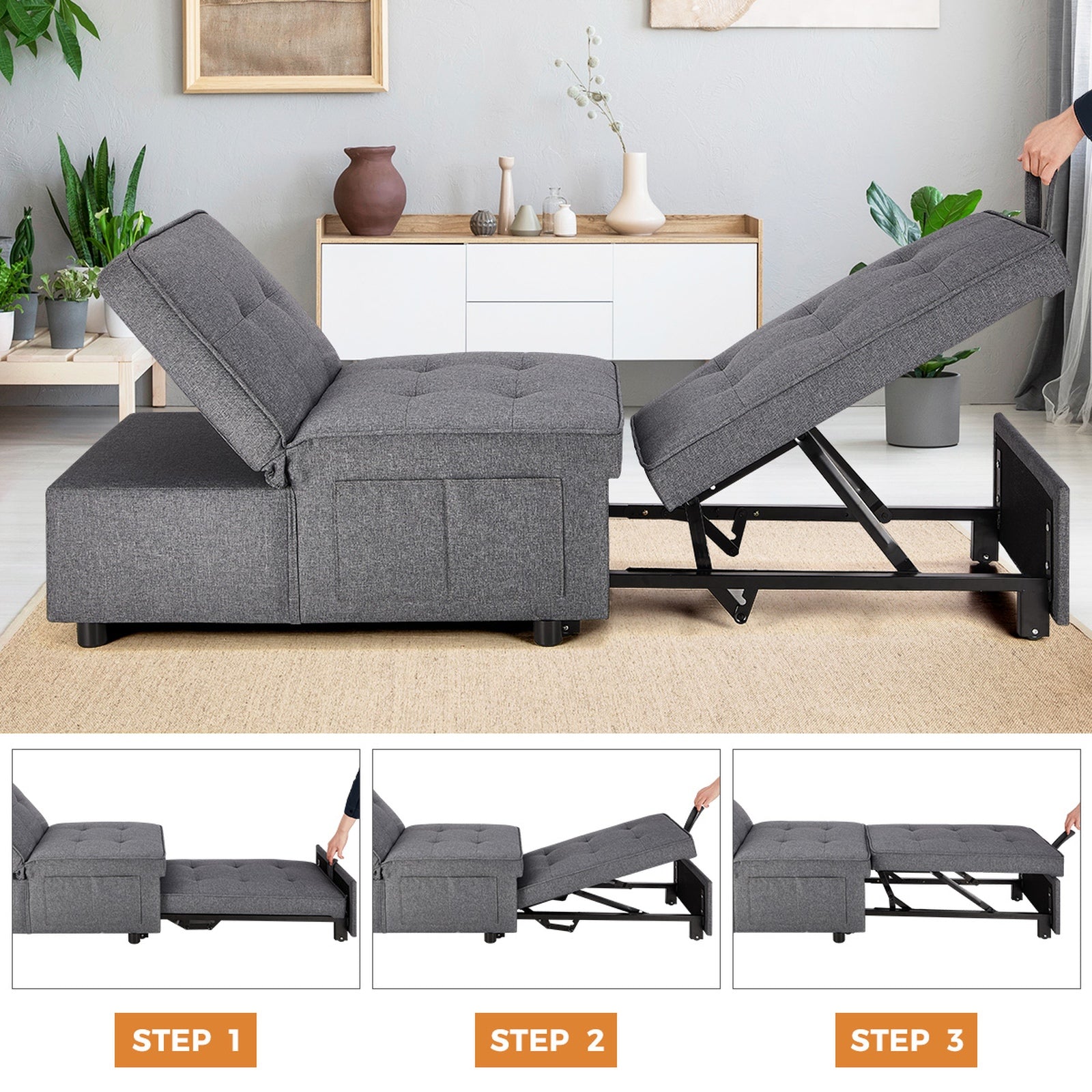 Oikiture 4 in 1 Convertible Sofa Bed Ottoman Couch Lounge Recliner Chair Linen - Sunyee
