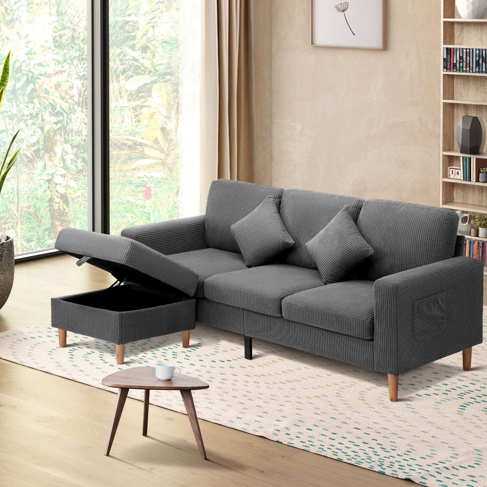 Oikiture Sofa Lounge Set Modular Couch 3 Seater Corner Chaise Ottoman Velvet - Sunyee
