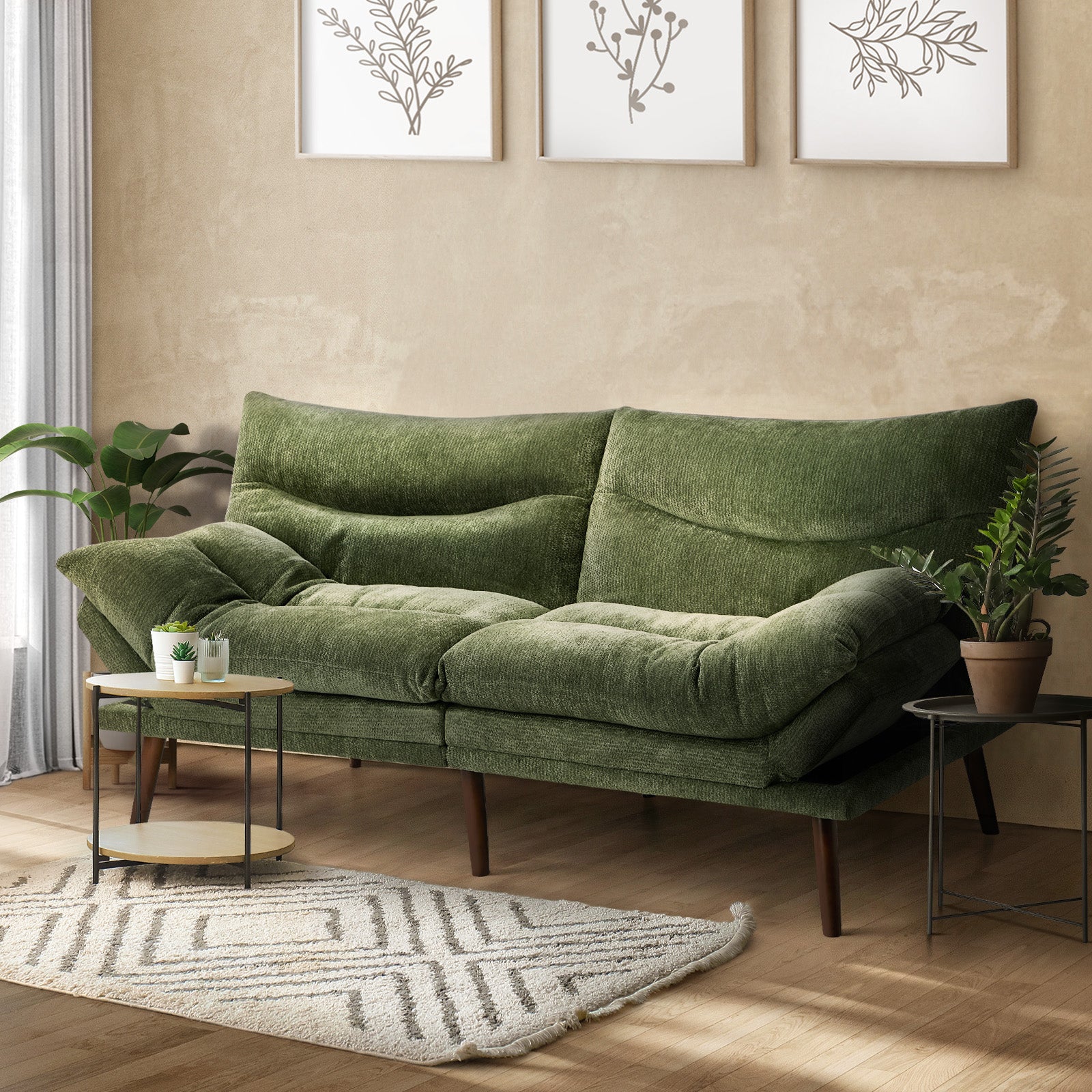 Oikiture 3 Seater Sofa Bed Recliner Lounge Couch Convertible Chenille Green Beds - Sunyee