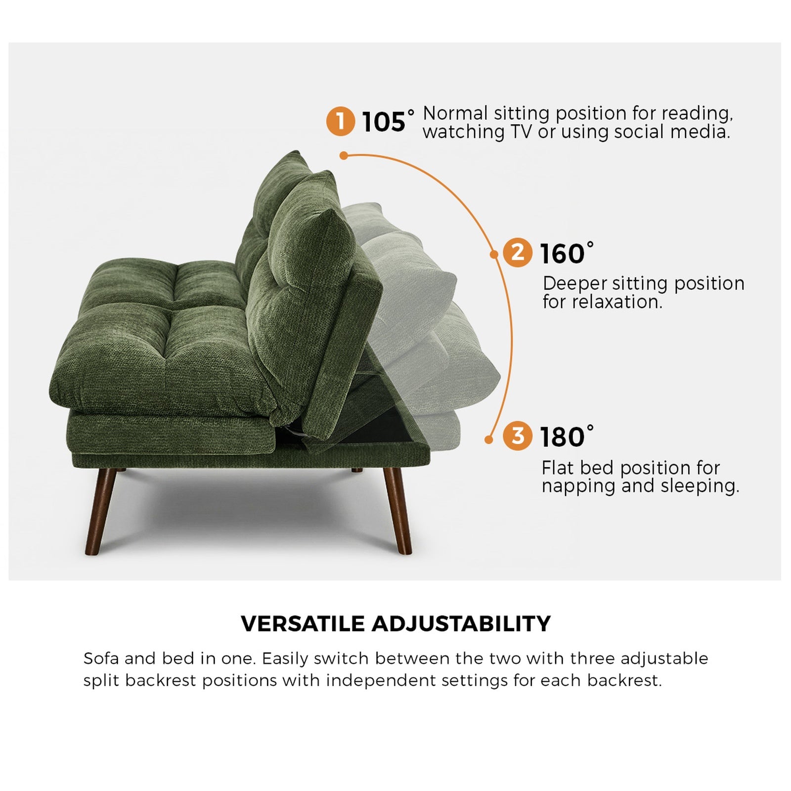 Oikiture 3 Seater Sofa Bed Recliner Lounge Couch Convertible Chenille Green Beds - Sunyee