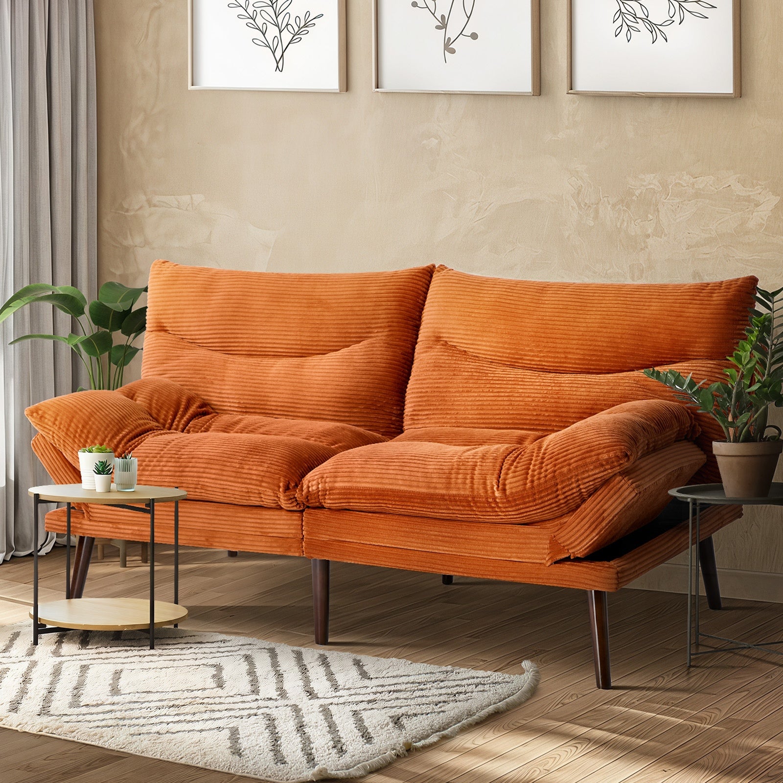 Oikiture Sofa Bed Recliner Lounge Couch Convertible Corduroy Burnt Orange