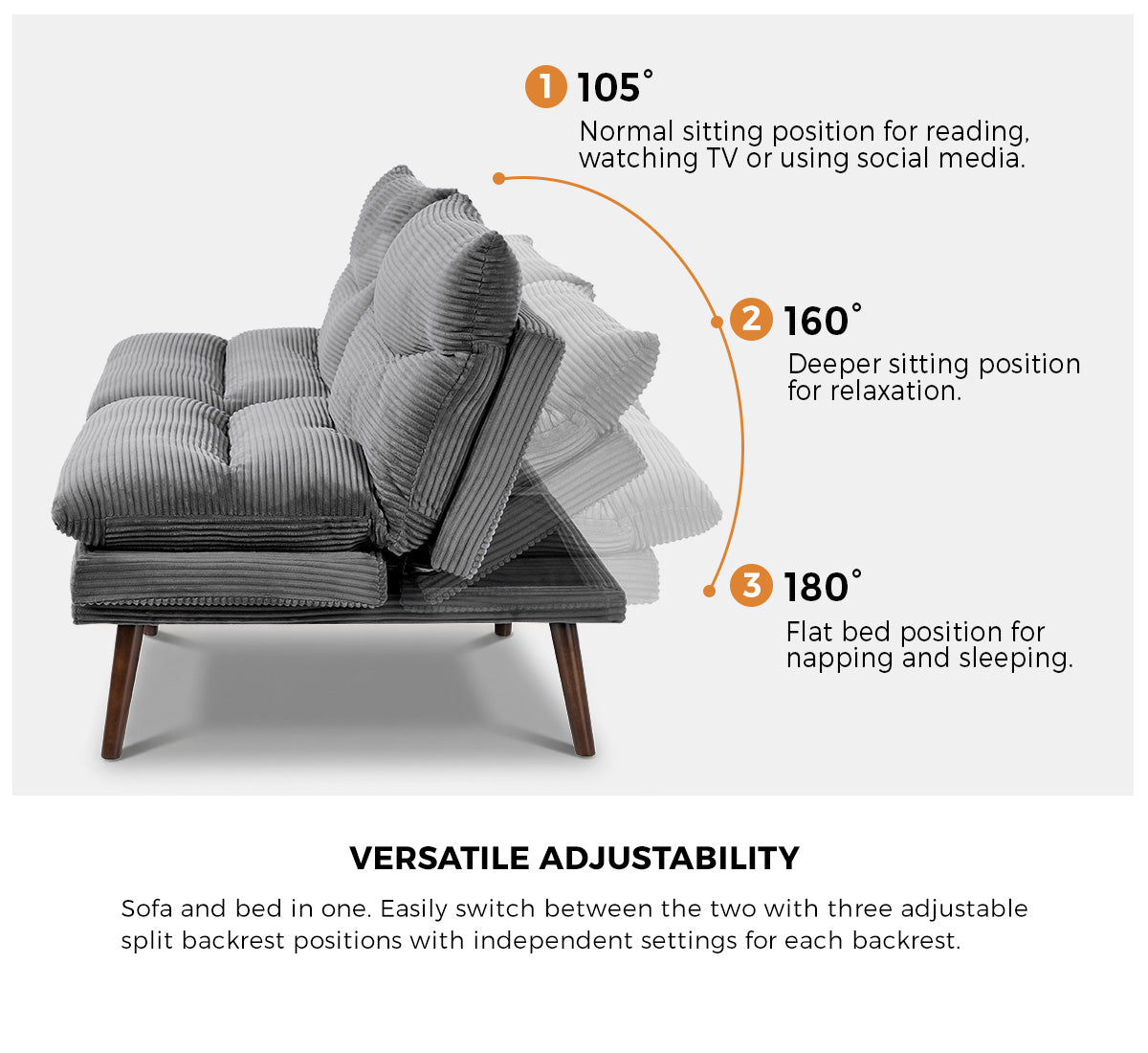 Oikiture 3 Seater Sofa Bed Recliner Lounge Couch Convertible Corduroy Grey