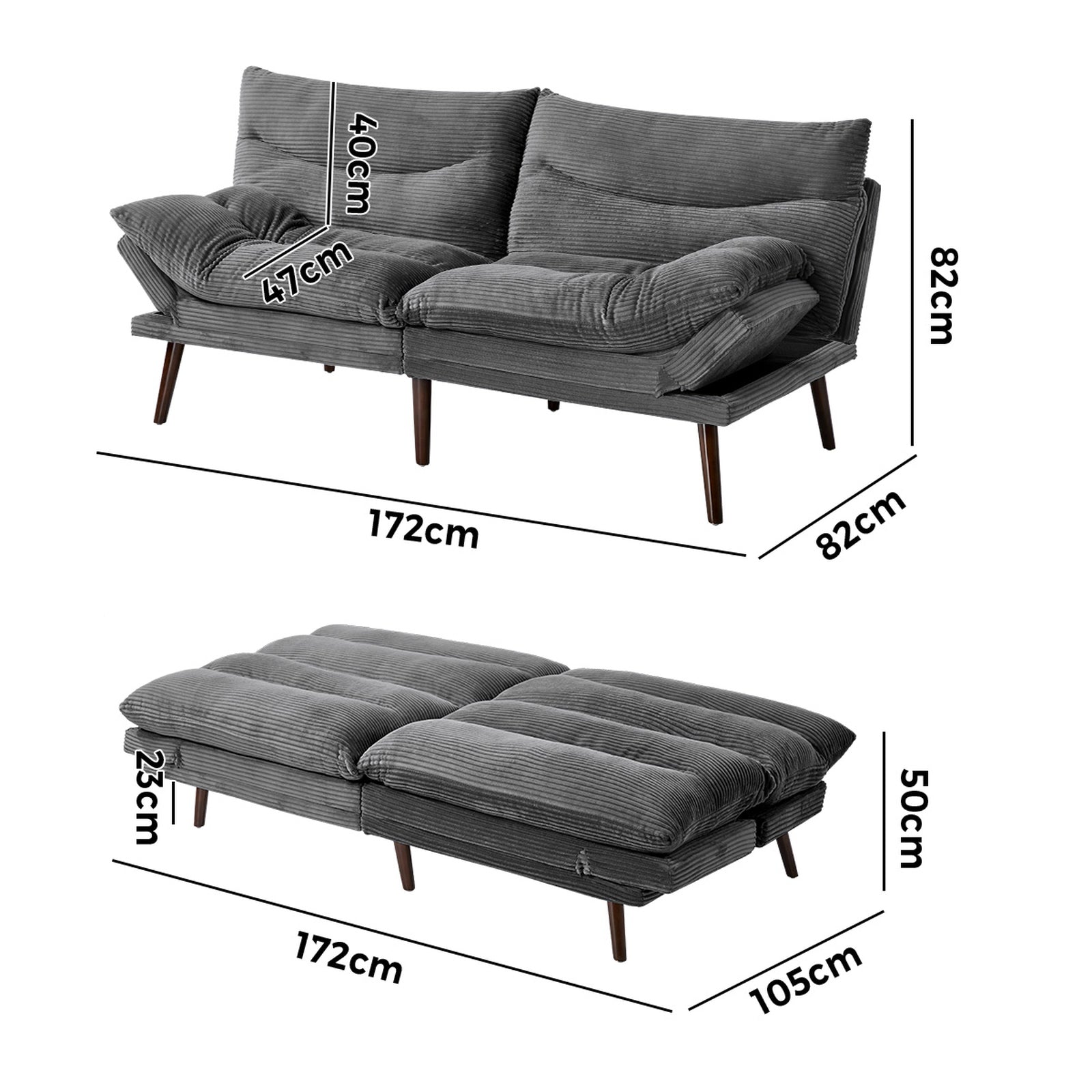Oikiture 3 Seater Sofa Bed Recliner Lounge Couch Convertible Corduroy Grey