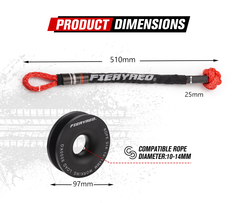 Fieryred Recovery Snatch Block Pulley Rope Ring 8T+15T Soft Shackle Recovery Kit - Sunyee
