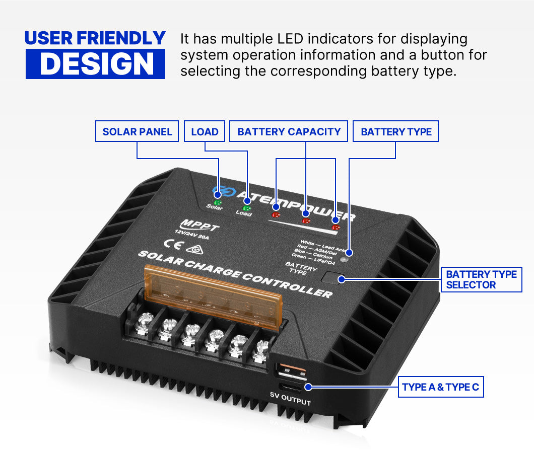 Atem Power 20A MPPT Solar Charge Controller Regulator Lithium Compatible 12V/24V - Sunyee