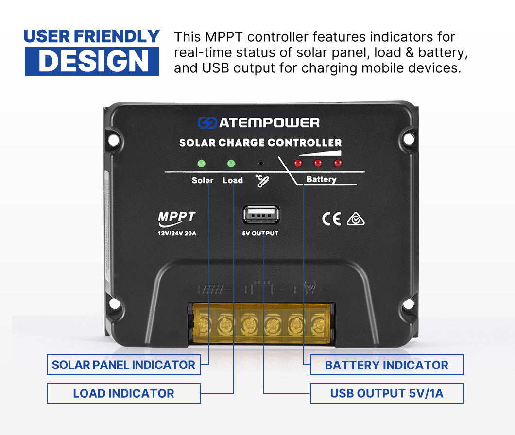 20A MPPT Solar Charge Controller Solar Panel Battery Regulator 12V/24V USB Output - Sunyee