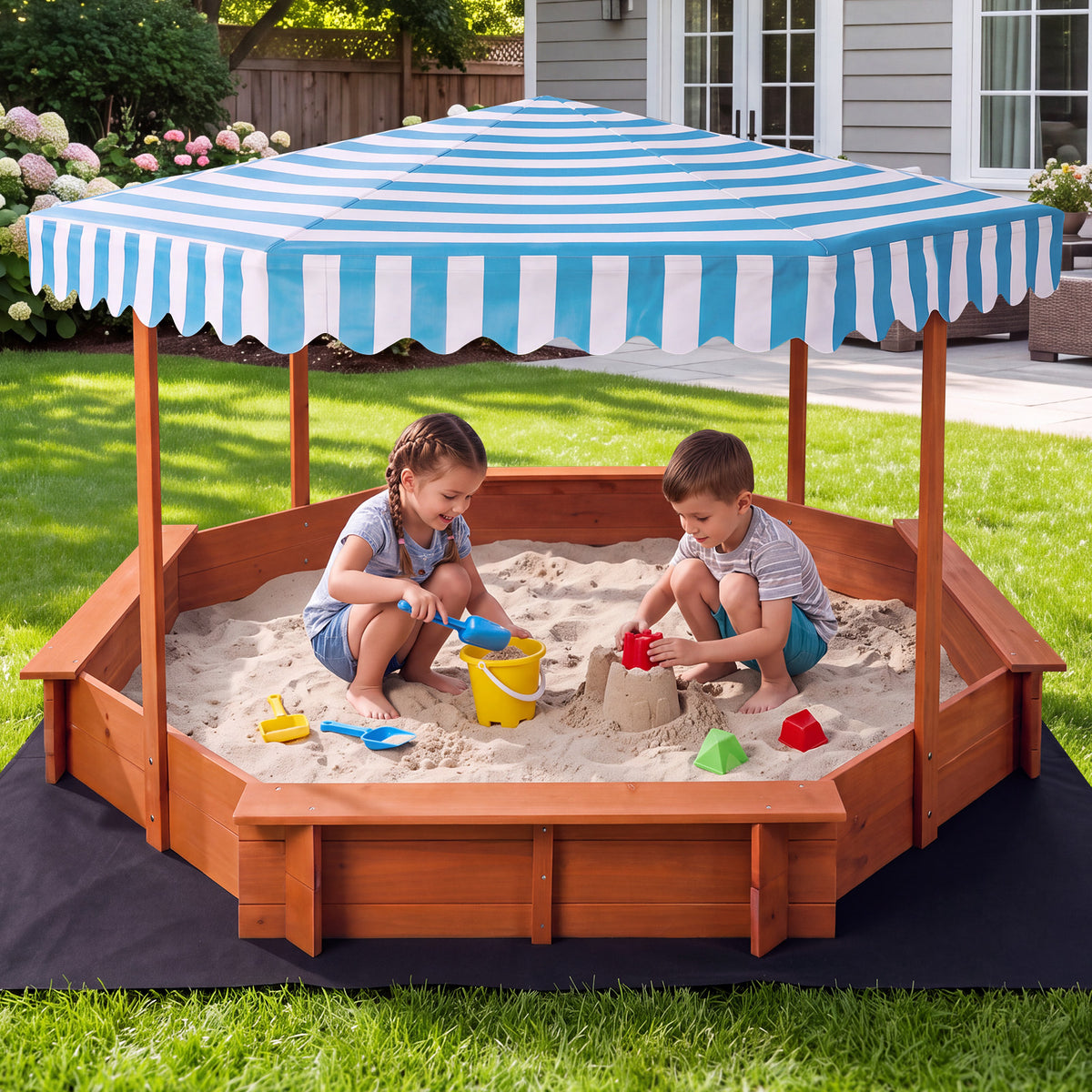 Mazam 210cm Kids Octagonal Wooden Sandpit Sandbox UV Canopy Seats Bottom Liner