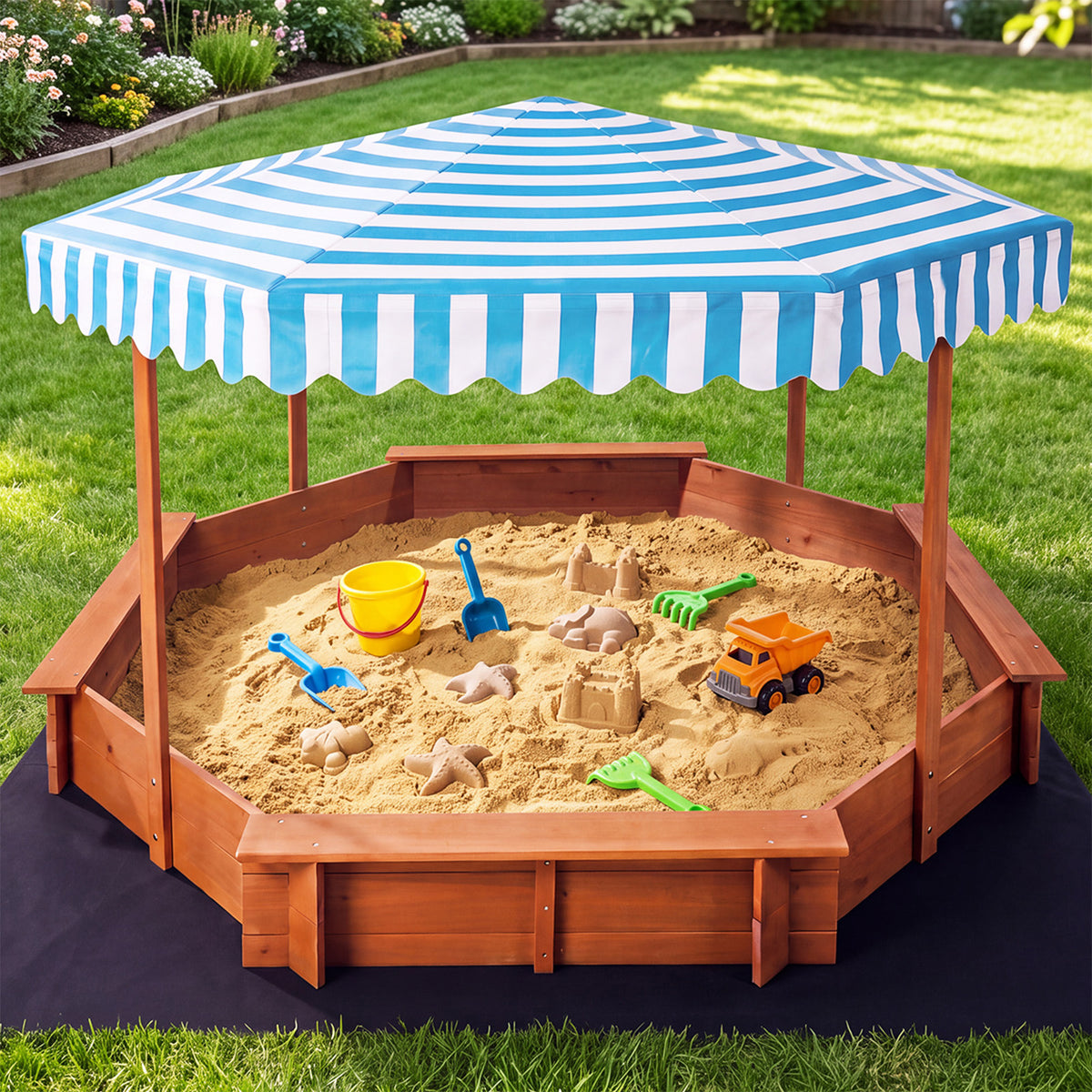 Mazam 210cm Kids Octagonal Wooden Sandpit Sandbox UV Canopy Seats Bottom Liner