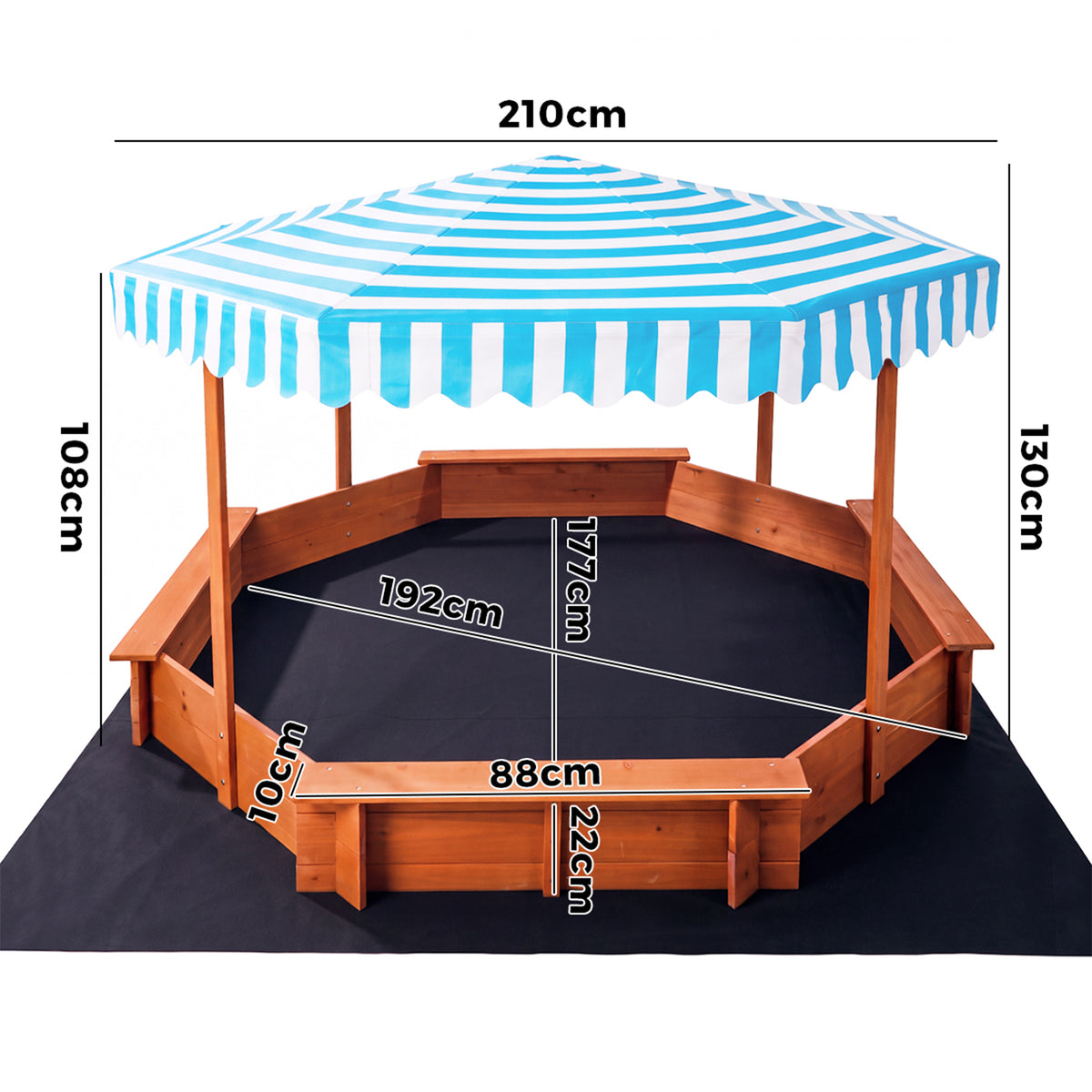 Mazam 210cm Kids Octagonal Wooden Sandpit Sandbox UV Canopy Seats Bottom Liner