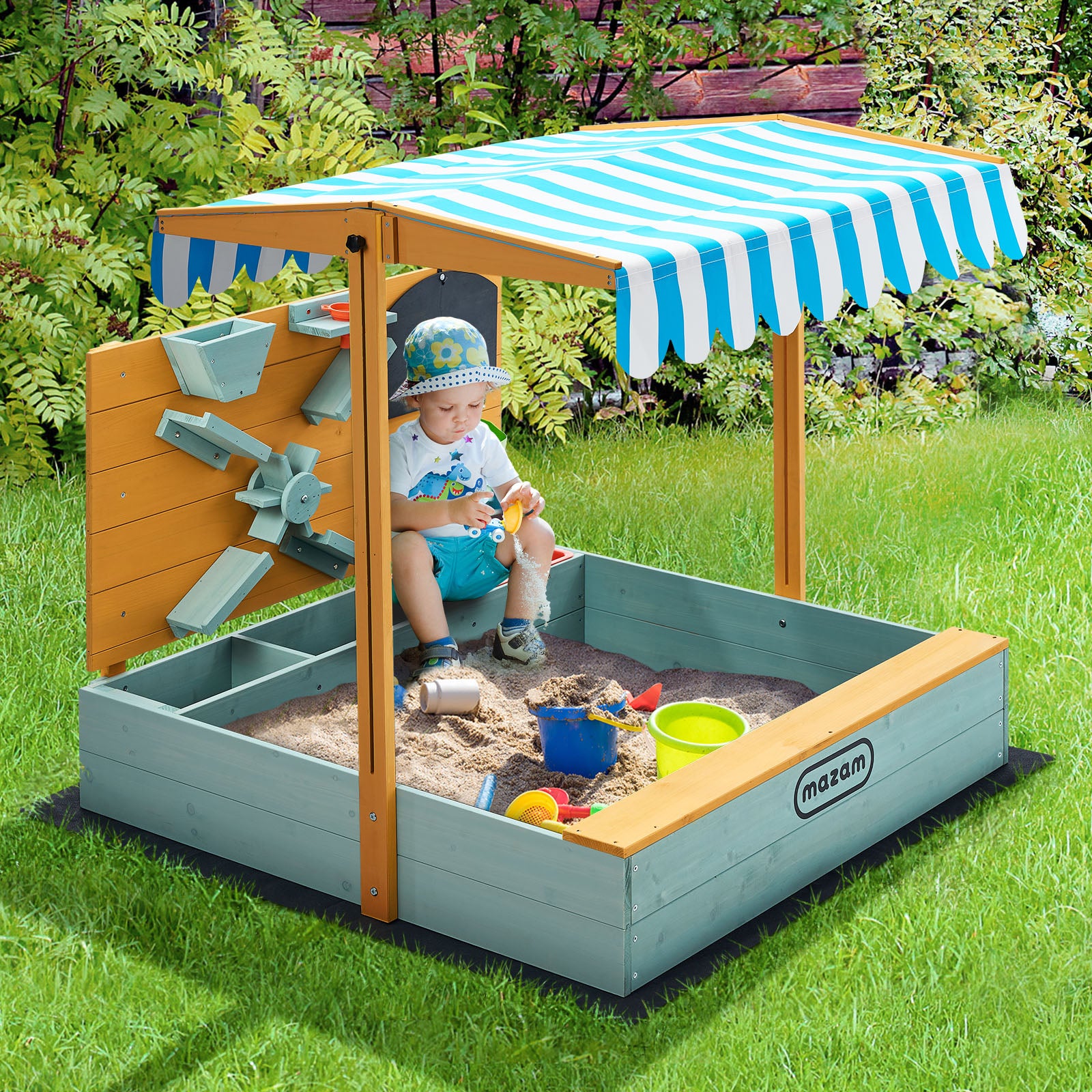 Mazam Kids Sandpit Outdoor Wooden Sandbox Beach Play Canopy Sand Play Toy Set - Sunyee