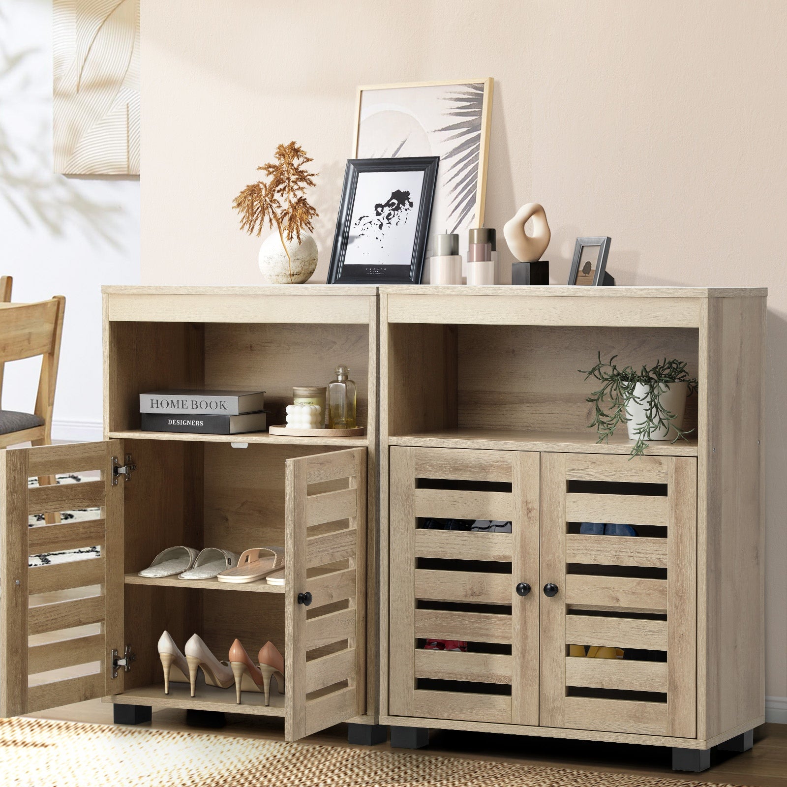 Oikiture Buffet Sideboard Shoe Storage Cabinet Slatted Doors Cupboard Hallway - Sunyee