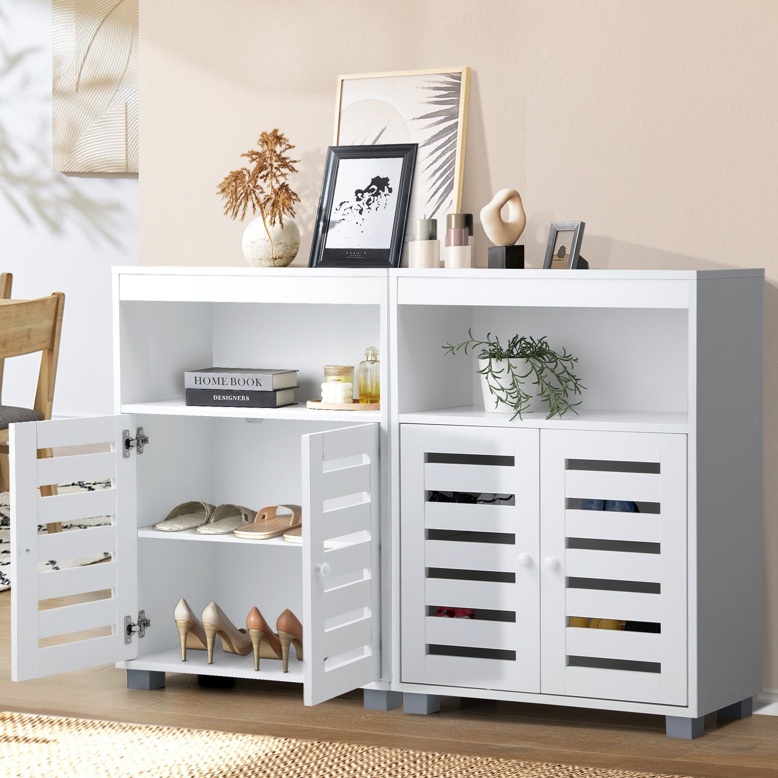 Oikiture Buffet Sideboard Shoe Storage Cabinet Slatted Doors Cupboard Hallway - Sunyee