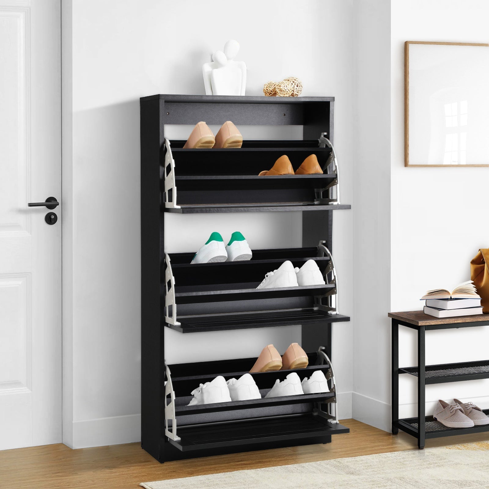 Oikiture Shoe Rack Shoes Storage Cabinet Organiser Shelf 3 Doors 45 Pairs Black - Sunyee