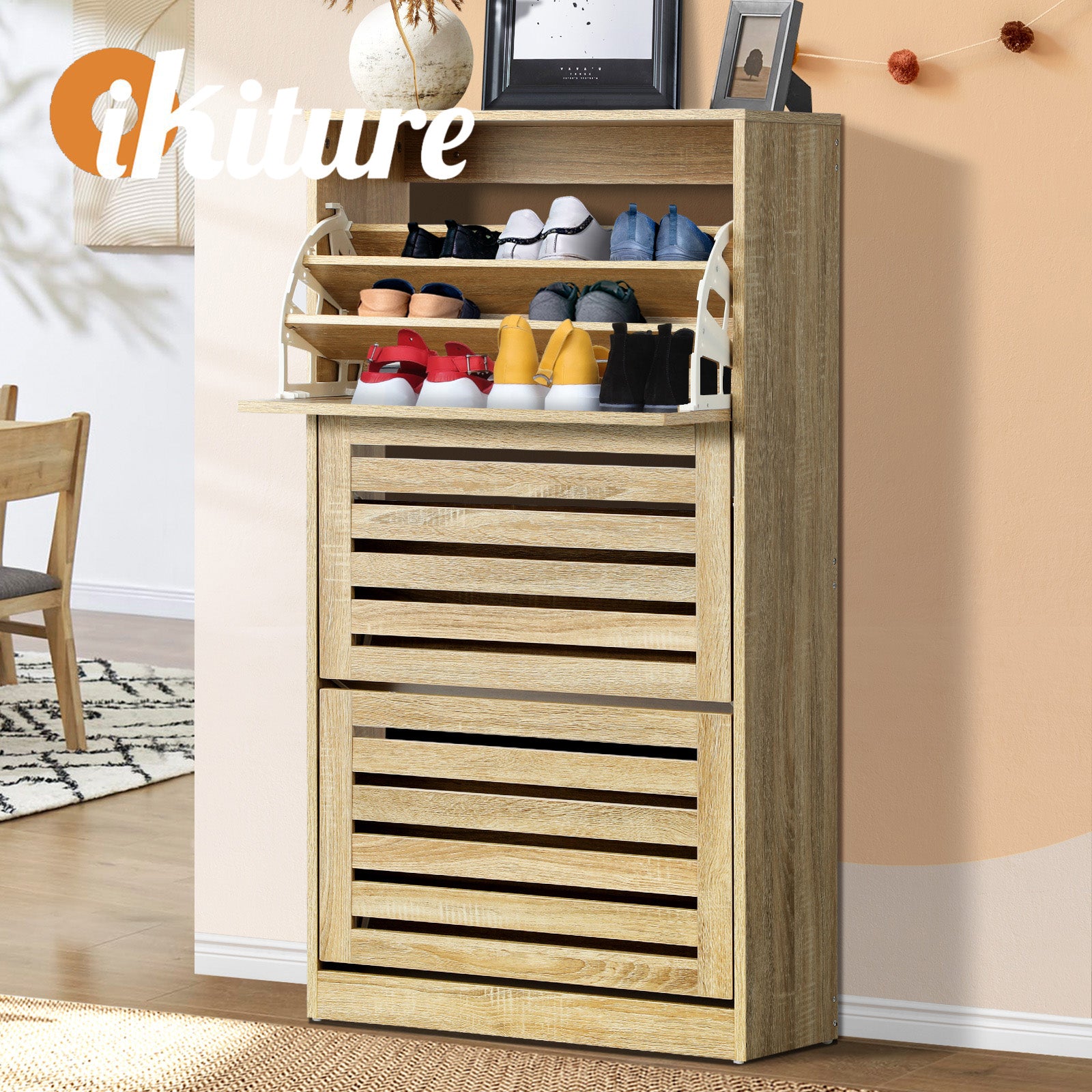 Oikiture Shoes Rack Shoe Storage Cabinet Organiser Shelf 3 Doors 45 Pairs Wooden - Sunyee