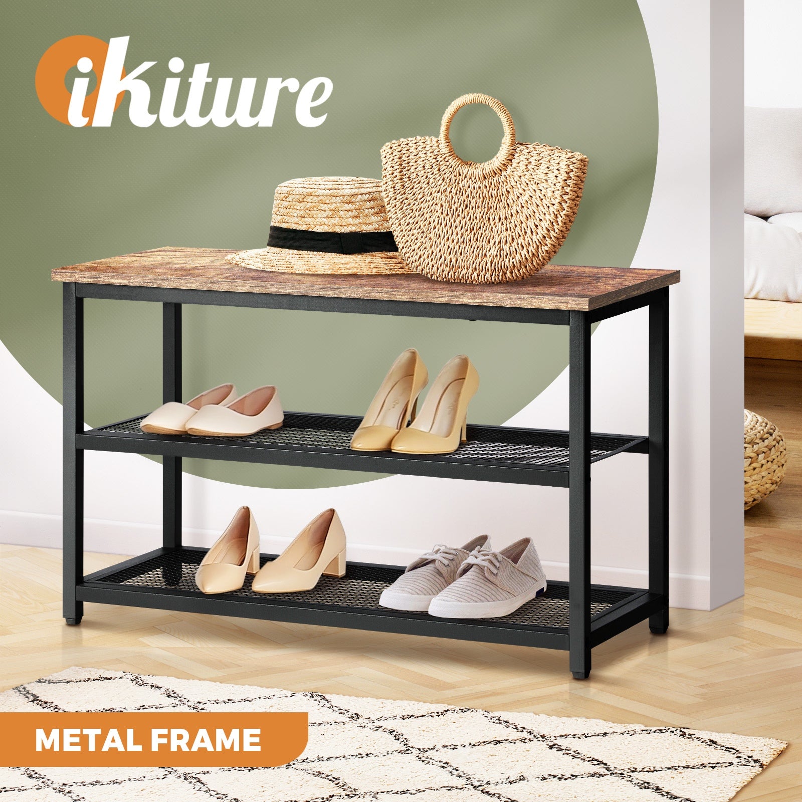 Oikiture Shoe Cabinet Bench Shoes Rack Shelf Storage 3-Tier Industrial Furniture - Sunyee