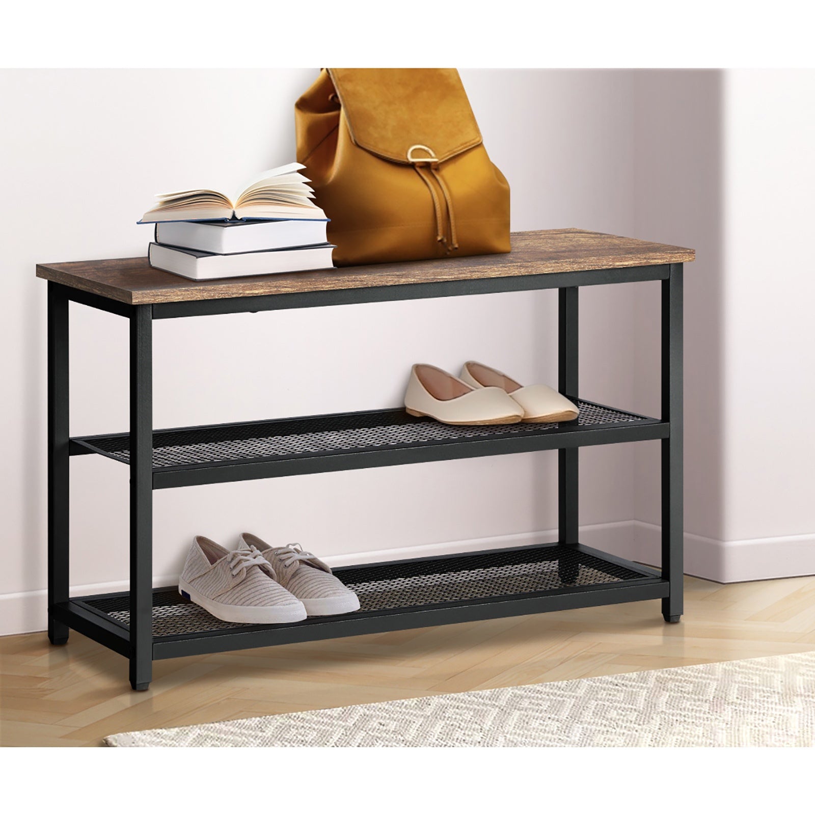 Oikiture Shoe Cabinet Bench Shoes Rack Shelf Storage 3-Tier Industrial Furniture - Sunyee