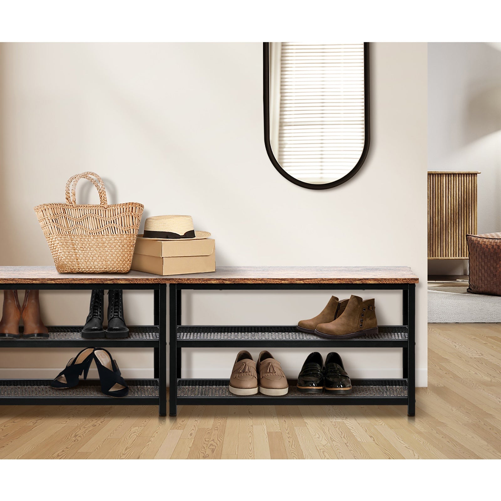 Oikiture Shoe Cabinet Bench Shoes Rack Shelf Storage 3-Tier Industrial Furniture - Sunyee